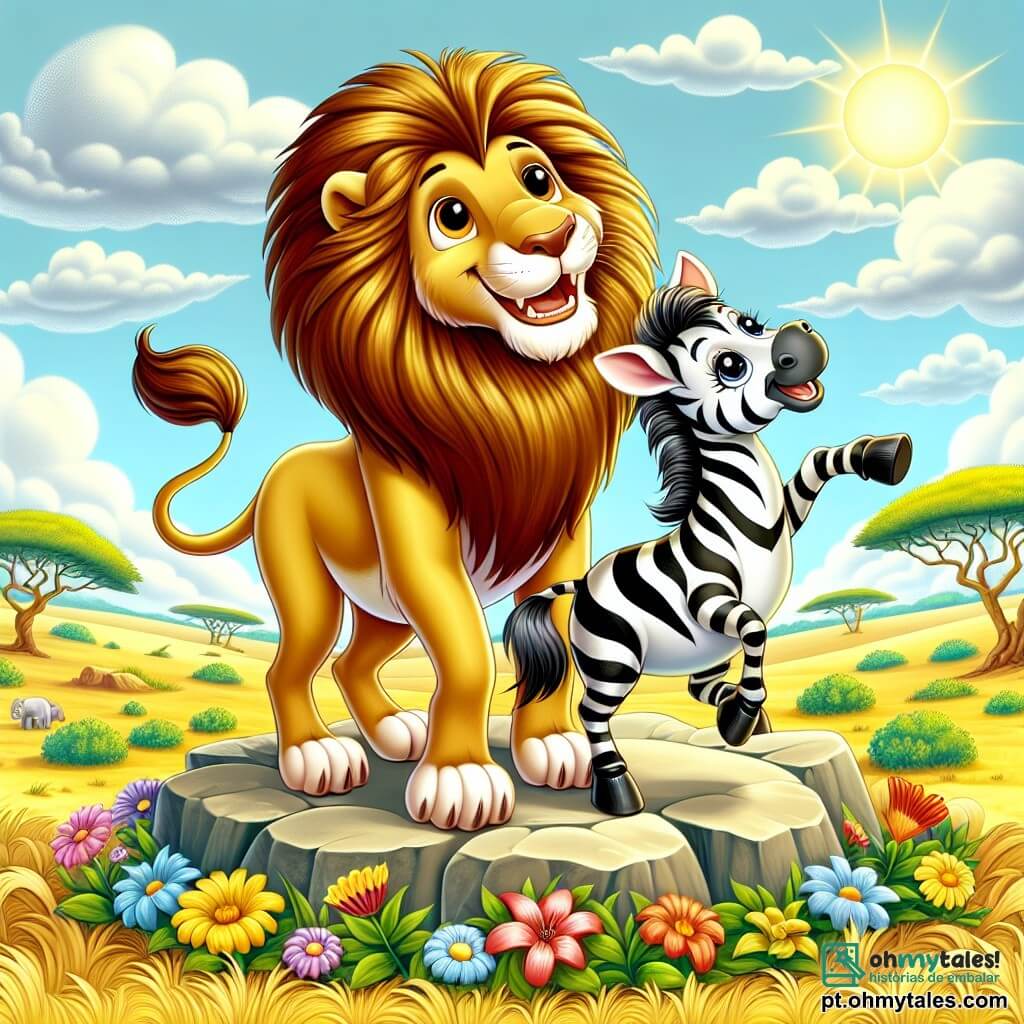 Um leão majestoso chamado Leo, com uma bela juba dourada que brilha ao sol, está em uma pedra elevada, exibindo um largo sorriso caloroso e uma expressão de determinação. Ao seu lado, uma zebra alegre chamada Zizi, com suas listras pretas e brancas brilhantes, dança com entusiasmo, seus olhos brilhando de felicidade. Ao fundo, a savana dourada se estende até onde a vista alcança, salpicada de árvores verdes e flores coloridas, sob um céu azul claro com nuvens brancas e fofas. A cena representa um festival alegre onde Leo e Zizi reúnem todos os animais da savana para celebrar a amizade e a diversidade, criando uma atmosfera festiva e colorida, cheia de risos e música.