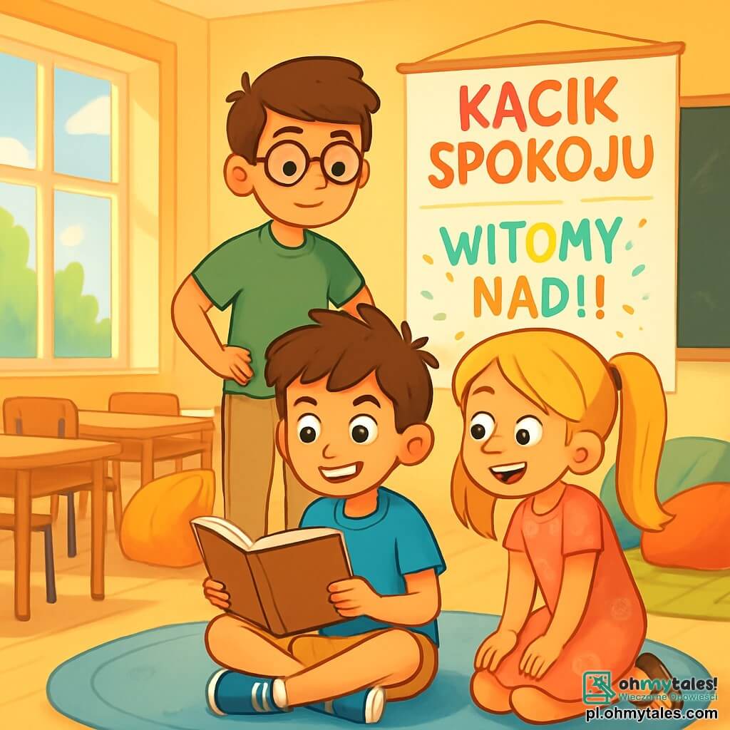 Są trzy postacie: Olek, 8-letni chłopiec z rozczochranymi brązowymi włosami i błyszczącymi oczami, ubrany w niebieską koszulkę i żółte szorty, siedzi na dywanie z notatnikiem w rękach i zdeterminowanym uśmiechem. Lena, 8-letnia dziewczynka z długimi blond włosami związanymi w dwa kucyki, nosi różową sukienkę w kwiaty i sandały, stoi obok Olka, z ciekawością przyglądając się notatnikowi. Tymek, 8-letni chłopiec z brązowymi włosami i okrągłymi okularami, ubrany w zieloną koszulkę i beżowe spodnie, stoi za Olkiem i Leną, z rękami na biodrach, z wyrazem zamyślenia. Akcja rozgrywa się w jasnej klasie z jasnożółtymi ścianami i rysunkami dzieci. W pomieszczeniu znajdują się drewniane biurka w rzędach, a duże okno wpuszcza światło słoneczne, oświetlając twarze dzieci. W kącie pokoju są kolorowe poduszki i czarna tablica. Olek, Lena i Tymek radośnie dyskutują o swoim projekcie „Kącik Spokoju”, wymieniając pomysły na powitanie nowej uczennicy Nadii, z uśmiechami i żywymi gestami, a za nimi wisi duży plakat z powitaniami.