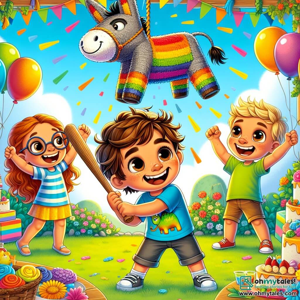A 5-year-old boy, Oliver, with messy brown hair and sparkling joyful eyes, stands at the center of the scene, a wide smile illuminating his face. He is wearing a blue t-shirt with a dinosaur and a colorful party hat. Next to him, Mia, a 5-year-old girl with curly red hair and round glasses, raises her arms in the air, laughing enthusiastically. Jack, a 5-year-old boy with blonde hair and a green t-shirt, holds a wooden bat, ready to hit a donkey-shaped piñata hanging above them.

The scene takes place in a sunny garden filled with colorful flowers and floating balloons tied to the trees. A large table covered with a rainbow tablecloth is filled with cakes, candies, and small toys.

Oliver, surrounded by his friends, is about to hit the piñata, his face glowing with excitement, while Mia and Jack cheer him on with joyful shouts.