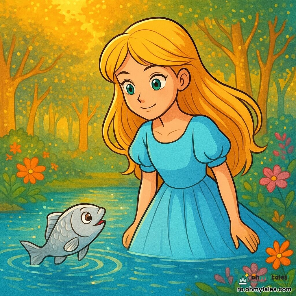 O tânără pe nume Mara, cu părul auriu ca grâul și ochii strălucind de curiozitate, stă pe marginea unui lac sclipitor. Fața ei exprimă o dulce determinare, iar ea poartă o rochie ușoară de nuanțe de albastru deschis, care dansează în bătaia vântului. Lângă ea, un peștișor argintiu, cu solzi strălucitori, iese din apă, părea să-i vorbească cu o expresie prietenoasă. În fundal, o pădure fermecată se întinde, cu copaci cu trunchiuri aurii și frunze strălucitoare, scăldate într-o lumină aurie. Flori colorate, cu petale strălucitoare, înconjoară lacul, adăugând o notă de magie scenei. Mara, plină de speranță, își privește reflecția în apă, pregătită să descopere secretele pe care lacul de lumină i le dezvăluie, în timp ce peștișorul o încurajează să-și continue drumul.