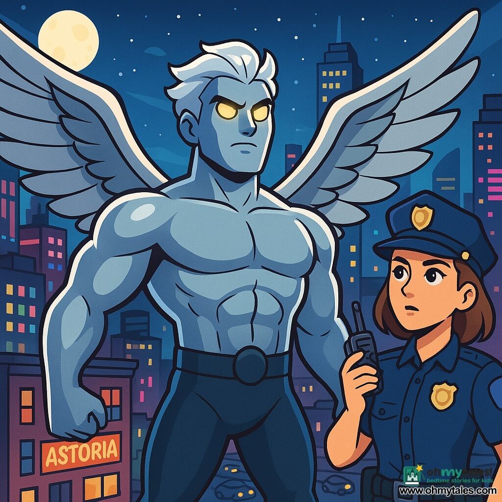 Steelwing, a man with majestic wings and silver skin, stands proudly on a rooftop, his gaze determined and brave. His eyes shine with an intense glow as he spreads his wings, ready to take flight to protect the city. Beside him, Officer Sarah Hart, a woman in her thirties with brown hair and bright eyes, attentively observes the scene. Wearing her police uniform with a shiny badge, she holds a walkie-talkie, ready to give orders to mobilize her colleagues. The setting is a lively neighborhood in Astoria, with skyscrapers illuminated by colorful neon lights and streets below filled with cars and pedestrians. The night is starry, and the moon casts a soft light on the scene. The main situation shows Steelwing ready to fly and confront Shadowfiend, a mysterious enemy threatening the city. The atmosphere is electric, full of tension and excitement as the hero prepares to defend Astoria against evil.