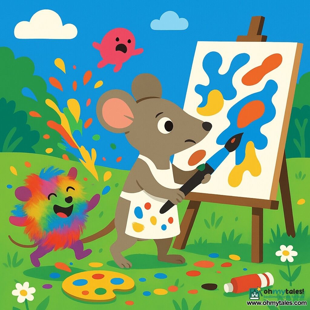 A meticulous painter rat standing on its hind legs with smooth gray-beige fur and alert, surprised eyes, wearing a slightly stained white apron and holding a large blue brush toward a canvas on an easel; nearby to the left, Gigi, a round fluffy giggleberry the size of a balloon with blurred rainbow fur, is laughing and stumbling over a palette amid a spray of colorful paint droplets, while a smaller bright pink giggleberry hovers defiantly above flowers in the background; the scene is a sunny meadow with tall grass and daisies, green trees, a blue sky with a few round clouds and a dirt path, showing a joyful paint-splash accident with brushes and tubes scattered and a large canvas of vivid abstract shapes—playful, saturated colors, clear, child-friendly composition.
