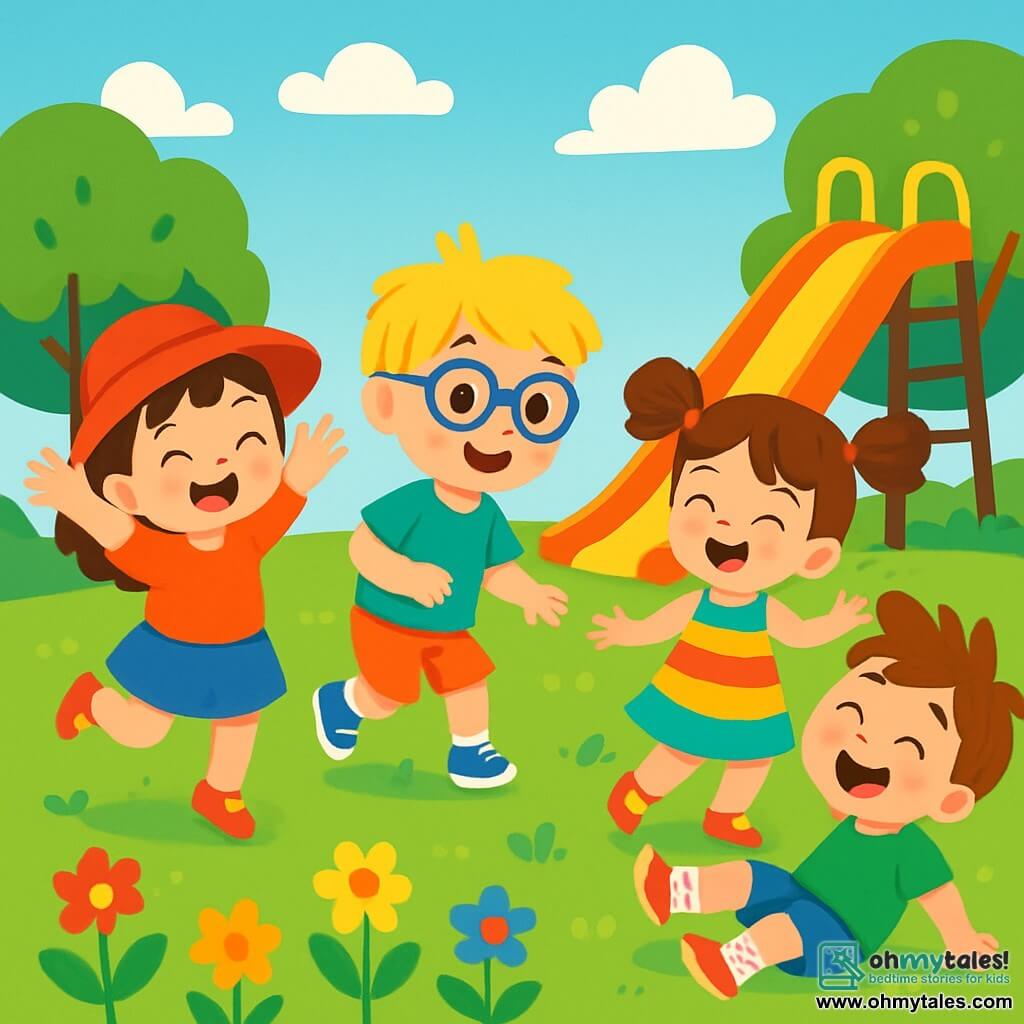 There are 4 children: Mia, a 4-year-old girl with a bright red hat, brown hair, and sparkling eyes, joyfully jumping on the green grass with her arms raised; Sam, a 4-year-old boy wearing blue glasses and messy blond hair, playfully tiptoeing with a big smile; Lily, a 4-year-old girl with bouncy pigtails and a colorful dress, spinning around with her arms outstretched and laughing; and Max, a 4-year-old boy in polka dot socks and brown hair, sliding on the ground with his feet in the air and contagious laughter. The scene takes place in a sunny garden filled with colorful flowers, green trees, and soft grass, with a giant slide in the background and fluffy clouds. The children are having fun in the garden, each moving in a silly way: Mia jumps like a rabbit, Sam sneaks like a cat, Lily dances while spinning, and Max slides like a snail, creating a joyful and absurd atmosphere.