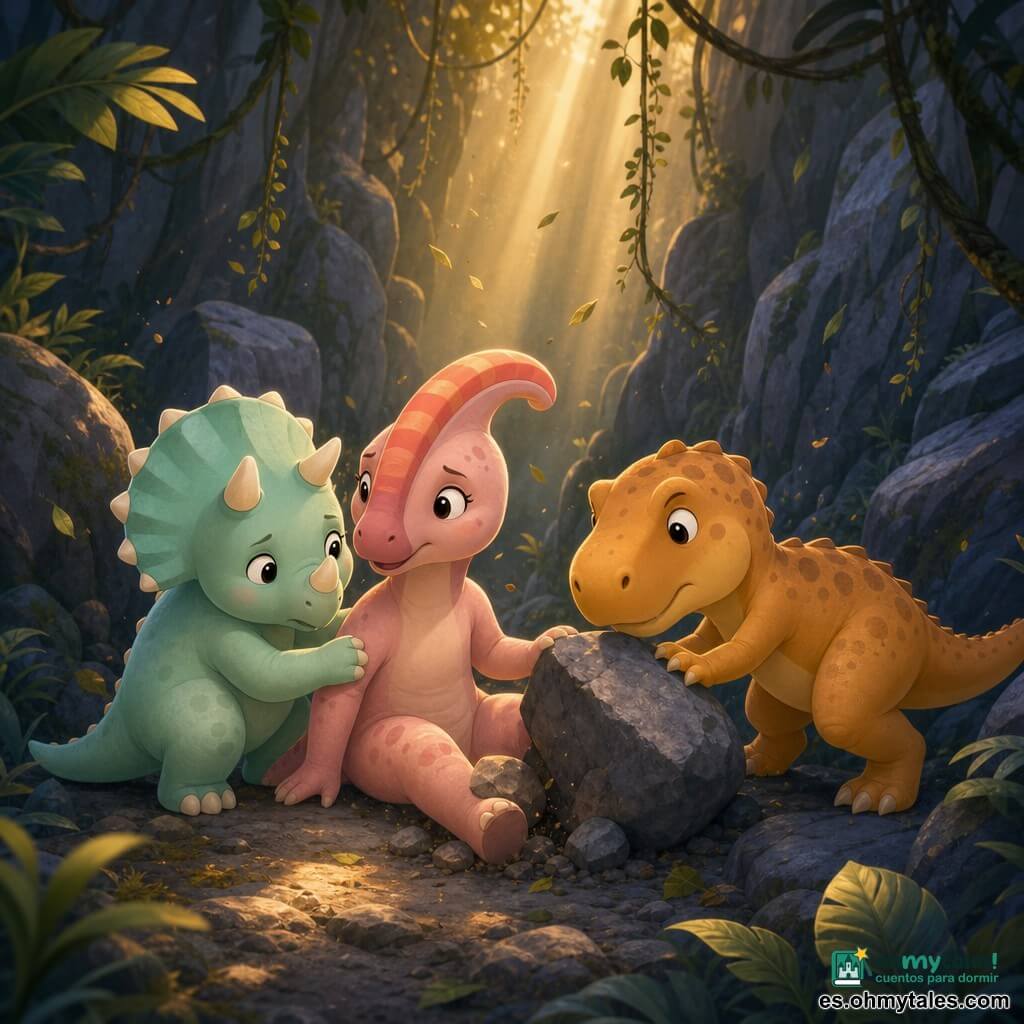 Tico, un pequeño tricératops color menta con cuernos crema cortos, muestra expresión valiente y algo preocupada mientras abraza suavemente a Lila para tranquilizarla; Lila, una parasaurolophus rosa pálido con cresta coral rayada, parece aliviada pero cojea, sentada sobre piedras con una pata atrapada; Rexo, un joven tiranosaurio ocre con manchas marrones, tímido y protector, empuja una gran piedra junto a ellos; el lugar es un barranco estrecho en un bosque oscuro con paredes rocosas grisazuladas, helechos y lianas y rayos de sol dorados; la escena muestra el rescate con polvo y hojas en el aire y una atmósfera cálida y reconfortante; estilo gráfico: colores suaves, formas redondeadas, texturas lisas y luz cálida centrada en los personajes.