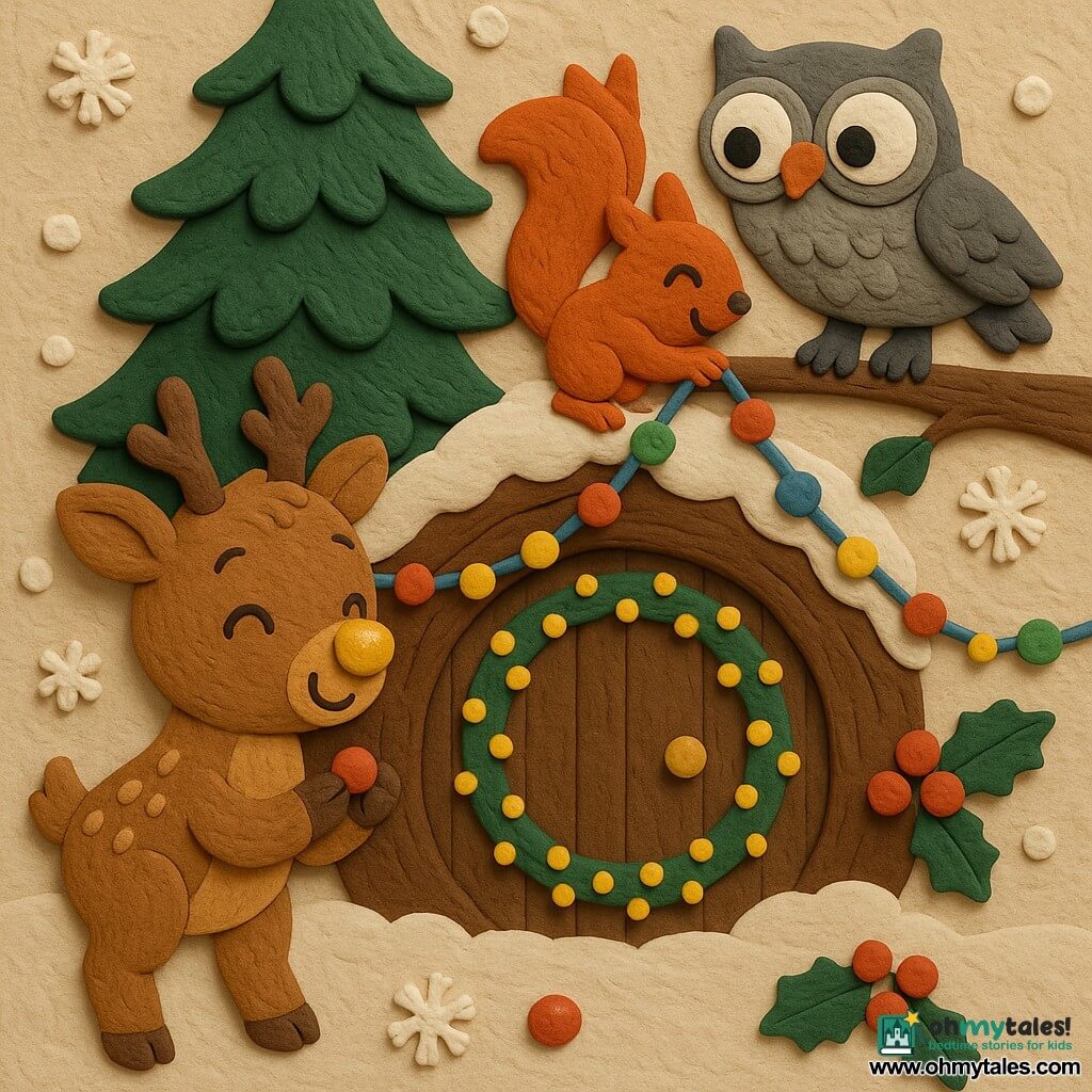 Twinkle, a small reindeer with a shiny golden nose and soft brown fur with light spots, happily holds a small red bead between his hooves; Jingle, a bright red squirrel, perches on a branch above the burrow entrance pulling a colorful garland; Puff, a gray owl with big round eyes, smiles from a nearby branch pointing at a sparkling bead in the snow, as they decorate the round wooden burrow door in a snowy clearing around a dark green fir—multicolored garland, added red bead, warm twinkling lights, vivid saturated colors, rounded contours and visible modeling-clay textures create a gentle festive atmosphere.