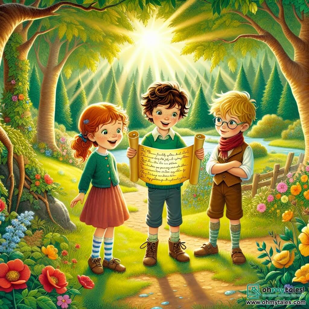 In a sunlit clearing, three children stand together, surrounded by the magic of the Whispering Woods. Leo, a 10-year-old boy with curly brown hair, stands in the center holding a colorful poem, smiling broadly. To his left, Clara, a 9-year-old girl with red pigtails and freckles, leans forward, her eyes sparkling with excitement, ready to listen. On the right, Max, a 10-year-old boy with brown hair and glasses slipping down his nose, looks thoughtfully at the poem. The setting is a lush, golden-lit clearing with vibrant wildflowers blooming around them. Majestic trees with shiny leaves create a natural backdrop, while a sparkling stream nearby adds a touch of magic to the atmosphere. The main scene shows Leo reading the poem he wrote for his father, while Clara and Max listen in wonder. A gentle breeze rustles the leaves, and a warm light seems to envelop the children, creating an enchanted and joyful ambiance.