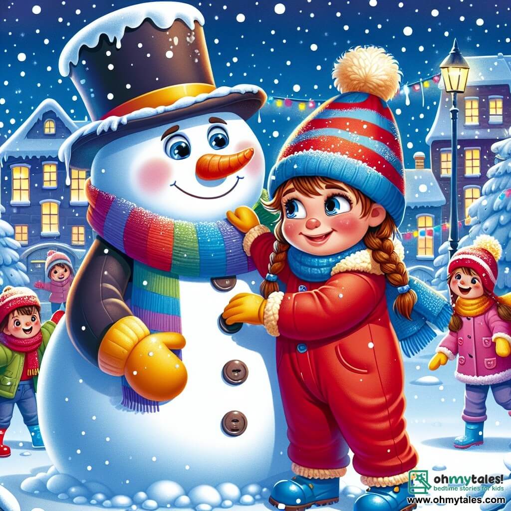 A 3-year-old boy named Oliver, with messy brown hair and rosy cheeks, smiles in wonder as he places a carrot on the face of a large snowman. He wears a bright red snowsuit, a blue wool hat, and yellow gloves, and his eyes sparkle with joy. Next to him, his mother, a woman in her thirties with long braided brown hair, watches him with a warm smile, holding a colorful scarf in her hands. In the background, the village is decorated with twinkling lights and gently falling snowflakes, creating a magical atmosphere. The scene takes place in a snowy park where children play and laugh, and the large snowman, wearing a top hat and branch arms, seems to come to life under the joyful laughter of Oliver and his mother.
