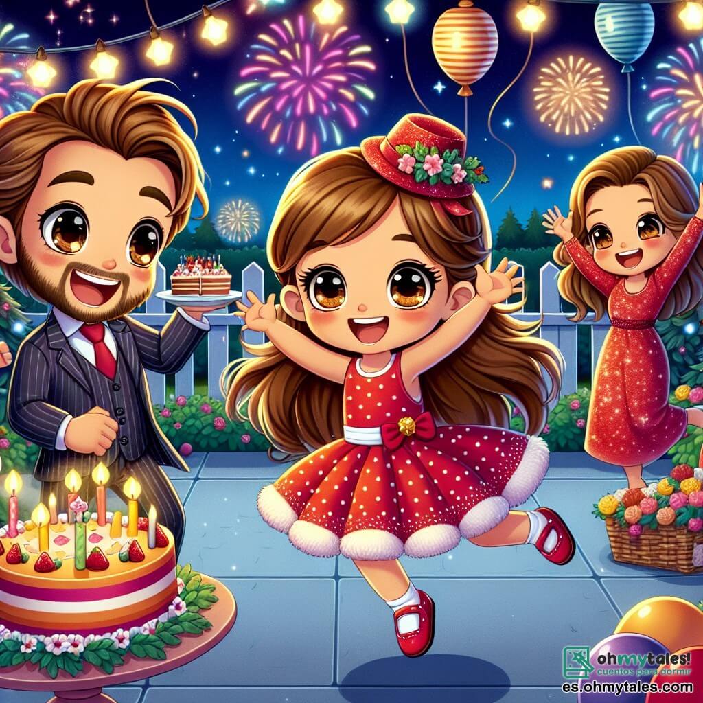 Una niña de 6 años, llamada Sofía, con largos cabellos castaños y ojos brillantes de alegría, salta de felicidad en un jardín iluminado por guirnaldas coloridas. Lleva un vestido rojo con lunares blancos y un sombrero de fiesta. A su lado, su padre, un hombre de unos 30 años con barba ligera y una sonrisa cálida, sostiene un plato de pasteles en forma de estrellas, riendo y animando a Sofía a divertirse. Su madre, una mujer de unos 28 años con cabello castaño y un vestido brillante, se encuentra un poco atrás, levantando los brazos para aplaudir y celebrar el momento. El jardín está decorado con globos multicolores y farolitos que brillan bajo un cielo estrellado, mientras fuegos artificiales estallan al fondo, iluminando la noche con colores vivos. La escena emana un ambiente festivo y alegre, lleno de risas y emoción. Sofía, rodeada de su familia y amigos, cuenta regresivamente para el Año Nuevo, lista para recibir un nuevo año lleno de promesas y aventuras.