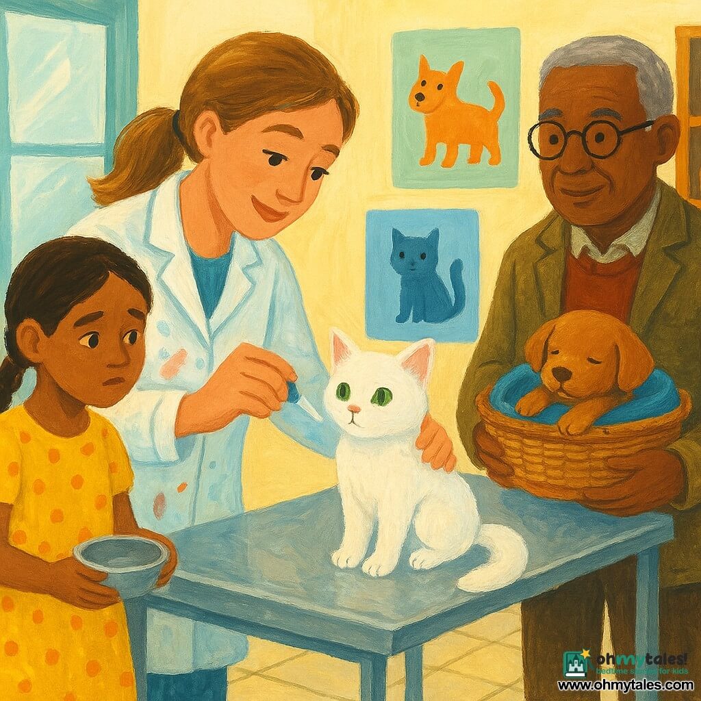 A smiling, kind female veterinarian with light brown hair in a ponytail and a slightly stained white coat leans over a metal exam table, gently administering medicine from a small dropper to a fluffy white cat (Snowball) with green eyes; to her left stands Emma, about 7, in pigtails and a yellow polka-dot dress holding a bowl, worried but relieved, and to her right, slightly back, Mr. Thompson, about 60, with a lined face and round glasses in a tweed jacket holds a wicker basket with a sleeping light brown puppy wrapped in a blue blanket; the bright clinic has large windows, colorful animal posters, wooden shelves with jars and boxes, a toy basket on the tiled floor, and a warm, reassuring atmosphere with soft light.