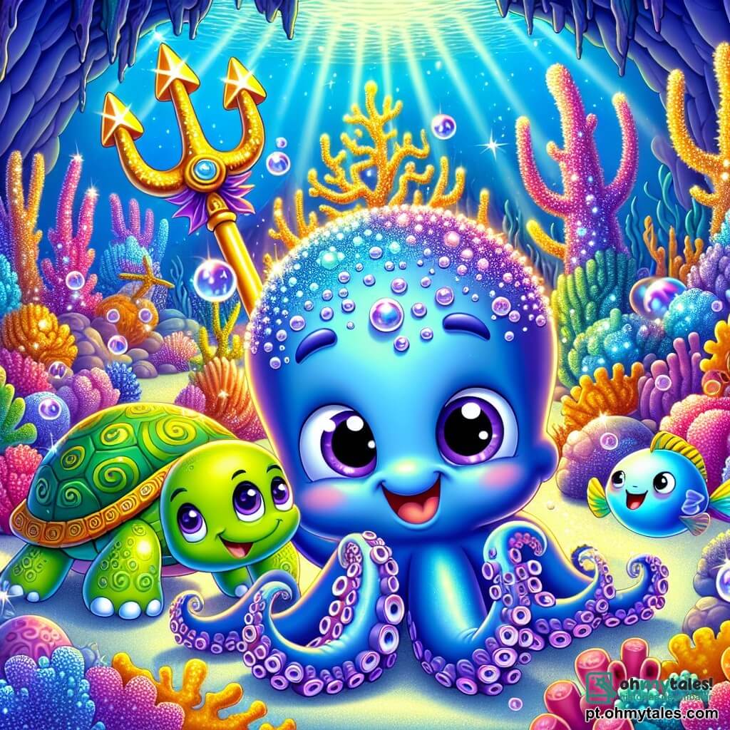 Um pequeno polvo chamado Pipo, com tentáculos vibrantes de azul e roxo, exibe uma expressão de determinação e excitação em seu rosto sorridente, enquanto segura um tridente cintilante com seus tentáculos. Ao lado dele, uma grande tartaruga chamada Tina, com uma carapaça verde adornada com padrões dourados, mostra um olhar orgulhoso e encorajador, nadando graciosamente ao seu lado. Um peixe-bolha chamado Bolha, redondo e colorido com escamas amarelas e rosas, flutua alegremente, seus olhos brilhando de curiosidade ao olhar para o tridente. O cenário é uma magnífica caverna subaquática, iluminada por pérolas brilhantes que cintilam como estrelas, com corais multicoloridos ao redor, criando uma paisagem mágica. A cena principal mostra Pipo e seus amigos triunfantes, tendo conseguido recuperar o Tridente das Marés, prontos para celebrar sua vitória neste mundo mágico e vibrante.