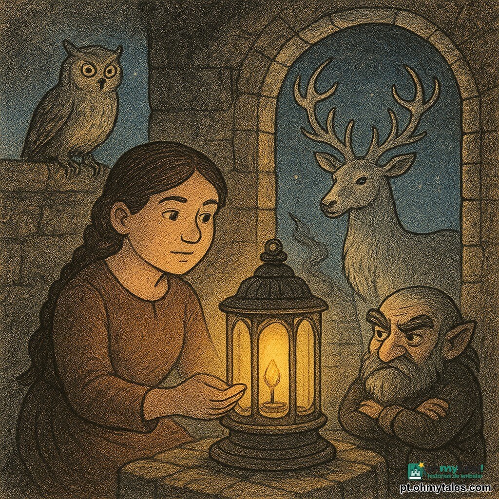Uma mulher chamada Amália, visage rond e cabelos castanhos trançados, olha com calma decidida enquanto segura uma pequena semente luminosa dourada na palma da mão e a coloca numa grande lanterna de metal forjado; um duende chamado Dório, pequeno como uma garrafa, com sobrancelhas cinzentas espessas, ajoelha-se atrás dela no chão de pedra, braços cruzados, desconfiado mas comovido; um grande cervídeo prateado chamado Estelar, com flancos brilhantes e galhadas em forma de ramos lunares, permanece imóvel à entrada da torre, olhando-a de lado; uma coruja cinzenta pousa no peitoril da janela, penas fofas e olhos amarelos redondos, observando do alto; o local é o topo de uma velha torre de pedra em espiral, paredes musgosas e janelas estreitas, com uma grande lanterna central sobre um pedestal ornamentado e vista para um céu noturno de tom chá pálido; Amália insere a semente de luz na lanterna e uma fumaça escura e fina — a Senhora Sombra — recua em filigrana rumo à janela enquanto raios quentes e dourados explodem da lanterna, iluminando rostos e texturas; ambiente com forte contraste entre sombra azulada e luz quente dourada, texturas como papel e leve granulação, paleta de marrons, dourados e cinzas, iluminação dramática porém suave, composição centrada nas mãos de Amália e na lanterna.