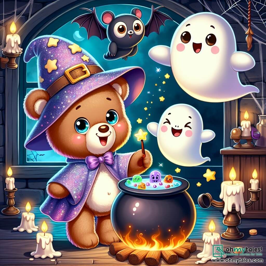 In the center of the image, a young teddy bear named Benny, with soft brown fur and sparkling curious eyes, wears a shimmering wizard costume, complete with a large cape and a pointed hat. He has a wide smile, overflowing with excitement as he holds a wand that glows softly. Next to him, a friendly ghost floats slightly above the ground, with a smiling face and round eyes, appearing joyful and welcoming. It reaches out a translucent hand towards Benny, inviting him into the adventure. A bat vampire, with black wings and mischievous eyes, perches on a shelf, chuckling softly while observing the scene, amused by the magic unfolding. The setting is an old haunted house, with dark wooden walls, cobwebs in the corners, and flickering candles casting a warm glow. Shadows dance on the walls, creating a mysterious yet inviting atmosphere. The main scene shows Benny discovering a bubbling cauldron filled with colorful potion, surrounded by his new friends, ready to share laughter and secrets on this magical Halloween night.