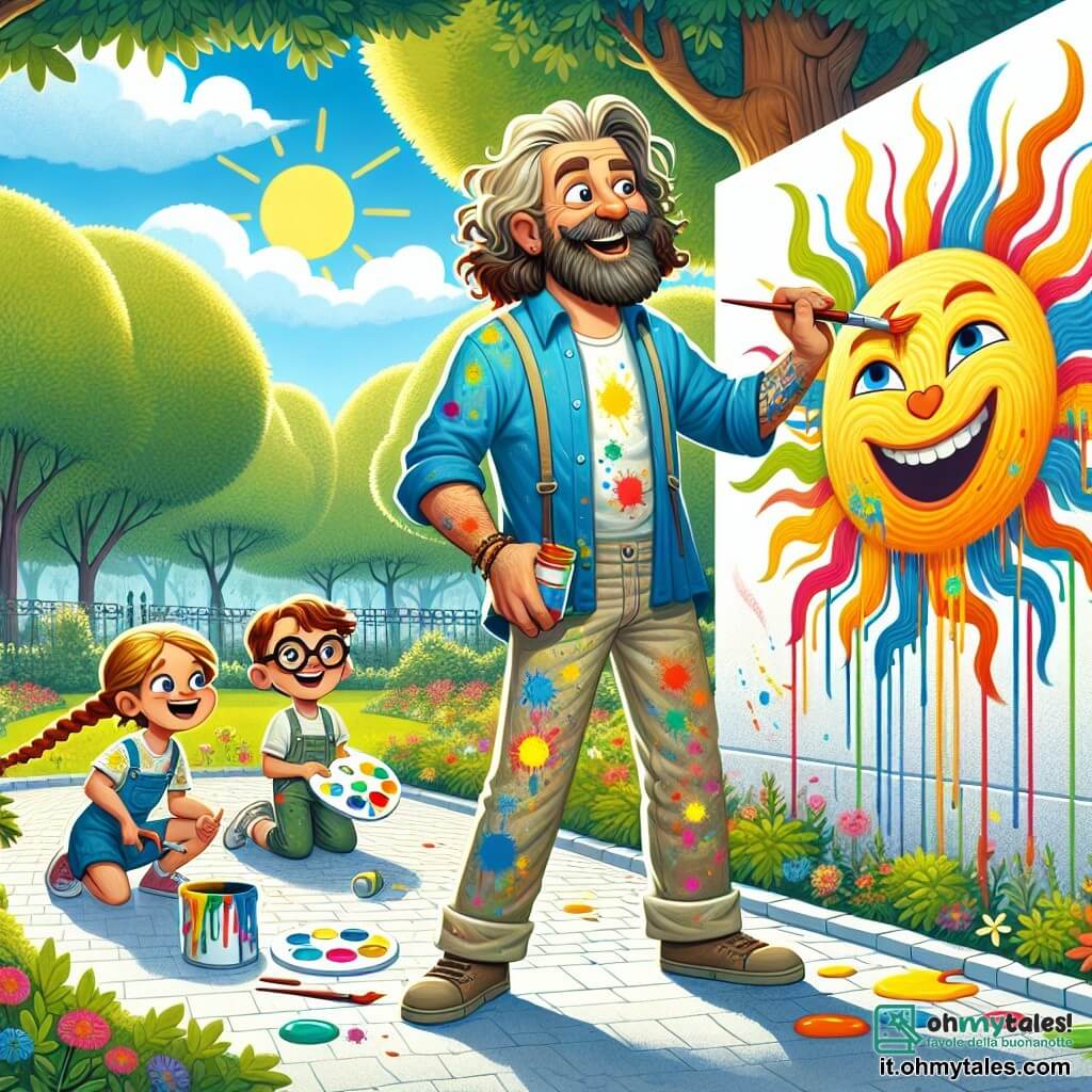 Un uomo di circa quarant'anni, con una barba in disordine e capelli ricci, si trova al centro dell'immagine, con un ampio sorriso sul volto, mentre tiene un pennello colorato in una mano e una tavolozza di pittura nell'altra. Indossa una camicia blu brillante e pantaloni di tela macchiati di vernice, segno della sua passione per l'arte. Alla sua destra, una bambina di otto anni, con lunghi capelli biondi intrecciati, sta dipingendo un grande sole giallo su un muro, i suoi occhi brillano di gioia e entusiasmo. A sinistra, un ragazzo di sette anni, con occhiali spessi, osserva attentamente il lavoro della bambina, tenendo un barattolo di vernice rossa, pronto ad usarlo. La scena si svolge in un parco soleggiato, pieno di verde, con alberi maestosi e fiori colorati lungo il sentiero. Un grande muro bianco, dove i bambini e l'uomo dipingono insieme, è decorato con un arcobaleno vibrante e un sole radioso, creando un'atmosfera gioiosa e creativa. L'immagine mostra l'uomo e i bambini che collaborano felicemente alla loro murale, condividendo risate e storie, mentre la luce del sole illumina i loro volti, catturando l'essenza dell'amicizia e della creatività.