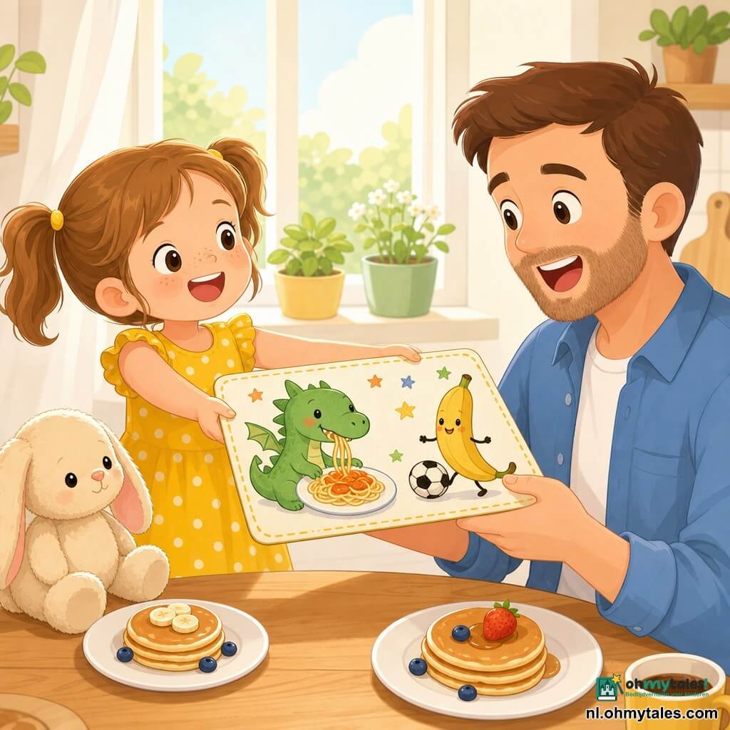 Een vrolijk en trots meisje van 6 jaar met rond gezicht en lichte sproeten, lichtbruin haar in twee staartjes, draagt een gele jurk met witte stippen en houdt een grote zelfgemaakte placemat met kleurige tekeningen (groene draak die spaghetti eet, banaan die voetbal speelt); een liefdevolle en verraste vader van circa 35 jaar met lichte baard en korte bruine haren in een losse blauwe blouse zit tegenover haar aan de keukentafel, lacht en pakt voorzichtig de placemat met beide handen; een crèmekleurig knuffelkonijn met hangende oren ligt op tafel naast het meisje en kijkt toe; lichte keuken met groot raam, warme zonnestraal op lichte houten tafel, pannenkoekenbord en gedeeltelijk zichtbare koffiekop, planten op vensterbank; eenvoudige tedere Vaderdagstemming, felle contrastkleuren (geel, groen, oranje), zachte vormen en minimalistische achtergrond.
