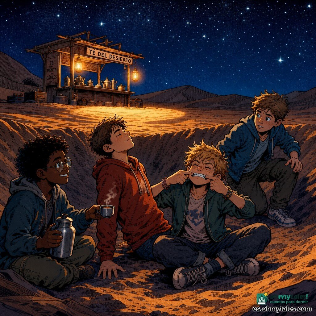 Cuatro niños de 11 años sentados en el hueco de una gran duna: Nico, piel clara, pelo castaño corto, mirada tranquila; Leo, rubio despeinado con pecas y sonrisa traviesa; Samu, piel morena, pelo rizado negro y gafas, ofreciendo una cantimplora; Iker, castaño claro, expresión preocupada pero serena tras un pequeño tropiezo; arena ámbar bajo un cielo nocturno estrellado, un pequeño puesto de té de madera iluminado por una lámpara cálida que proyecta un círculo de luz, respirando juntos en calma, ambiente nocturno suave y estilo de cómic con líneas nítidas y colores saturados.