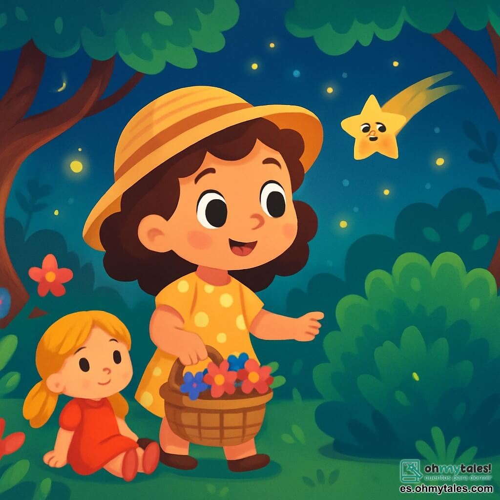 Una niña de 4 años, Lila, con grandes ojos curiosos y cabello rizado, lleva un vestido amarillo con lunares y un sombrero de paja. Son sonrisa es maravillada y sostiene una cesta de mimbre llena de flores coloridas. A su lado, su muñeca Sol, con cabello dorado y un vestido rojo, parece escucharla atentamente. El lugar es el Bosque de los Pensamientos, un sitio mágico con árboles de troncos torcidos, hojas brillantes y flores multicolores que bailan al viento. Luciérnagas iluminan el camino, creando una atmósfera de cuento de hadas. Lila, con una mirada decidida, se acerca a un arbusto donde se ha escondido una estrella fugaz, lista para descubrir el secreto de la tristeza de la estrella.
