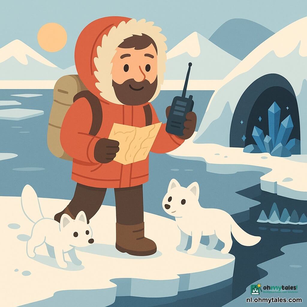 Een volwassen man, Lars, met rond gezicht en korte baard, draagt een grote rode parka met nepbontkap, dikke laarzen en een beige rugzak; hij glimlacht vastberaden en geruststellend, houdt in de ene hand een vergeelde kaart en in de andere een zwarte radio. Een nieuwsgierige witte poolvos staat op een paar stappen afstand en kijkt naar de kaart, met ronde pootafdrukken in de sneeuw. Op de achtergrond een groot zilverachtig bevroren meer met drijvende ijsplaten, een brede donkere scheur geblokkeerd door een rij kleine ijsbergen, rechts een donkere grotopening met fonkelende blauwe kristallen, witte bergen en een lage bleekoranje zon aan de horizon. Lars is net uit de grot gekomen, wijst de kaart naar een kamp in de verte en spreekt in de radio terwijl hij op een dikkere ijsplaat bij de scheur staat; de kristallen glinsteren en de sfeer is helder en geruststellend.
