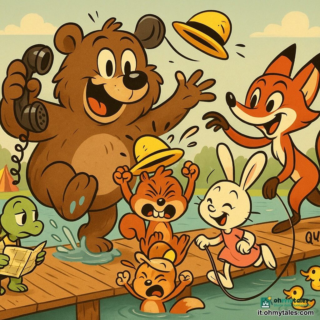 Orso Bruno, grande orso bruno dal pelo morbido e sguardo tondo, felice e sorpreso, tiene un grande telefono antico con una zampa nella pozza mentre il suo piccolo cappello giallo vola via; Lilli la volpe rossa sorride e si protende per afferrare il cappello; Pippo lo scoiattolo ha il cappello sugli occhi e alza le braccia facendo una smorfia comica al centro; Mina la coniglietta bianca in vestito rosa ride chinandosi con una corda per saltare che scivola sul legno davanti a Pippo; Tito la tartaruga, saggia, osserva da sinistra della passerella tenendo una mappa piegata; ambientazione su una passerella di legno vicino a un lago azzurro con tende colorate, una bandiera al vento e qualche anatroccolo che starnazza; situazione: selfie di gruppo caotico con il cappello che vola, la corda che si srotola, lo splash nella pozzanghera e il telefono che cattura l'attimo, composizione dinamica, espressioni esagerate, colori caldi e contrastati in stile cartoon rétro con contorni neri spessi.