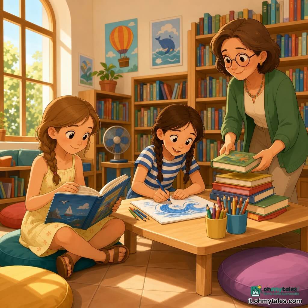 Sofia, una bambina di 10 anni, felice e concentrata, sorride mentre sfoglia un libro dalla copertina blu; carnagione chiara, capelli castano chiaro medio e treccia morbida sulla spalla, veste un abito estivo giallo pallido e sandali, seduta su un cuscino vicino a una grande finestra; Livia, 10 anni, curiosa ed entusiasta, disegna onde con pastelli colorati, capelli castani in due trecce, maglietta a righe blu e bianca, seduta di fronte a Sofia allo stesso tavolino basso; una bibliotecaria di circa 45 anni, sorridente con occhiali tondi e gilet verde, aggiunge un libro a una pila vicino alle bambine; interna calda e luminosa di una mediateca con grandi scaffali in legno pieni di libri colorati, poster illustrati, angolo disegno con barattoli di pastelli, tavolo basso in legno chiaro, cuscini, luce che entra dalla finestra, ventilatore discreto e raggi di sole che tracciano bande sul pavimento piastrellato, atmosfera estiva e tranquilla mentre le due amiche condividono un momento di lettura e disegno.