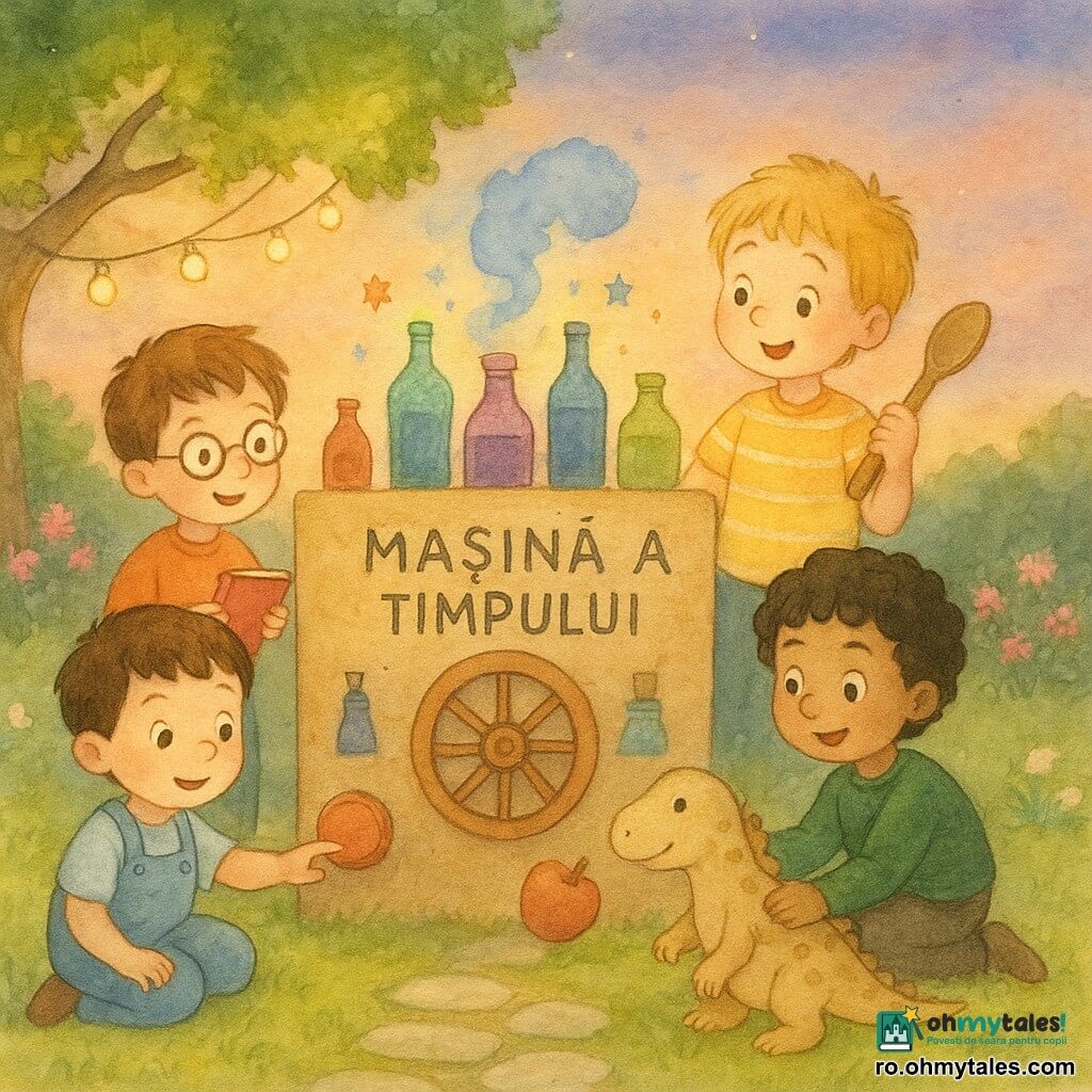 Sunt patru copii de 4 ani: Matei, păr brun scurt, obraji rotunzi, poartă o salopetă bleu, stă în fața „mașinii timpului” din carton cu mâna dreaptă pe un buton mare roșu, în stânga grupului; Luca, păr blond dezordonat, tricou galben cu dungi albe, stă în spate-dreapta a cutiei ținând o lingură de lemn ca un levier, privind uimit; Andrei, păr negru buclat, pulover verde, este ghemuit în dreapta cutiei, ține o lanternă care emite o lumină albastră slabă și oferă un măr unui pui de dino bej pătat; Ilie, păr șaten, ochelari rotunzi, are un carnet roșu și un creion, stă în picioare în stânga, în spatele lui Matei, scriind și zâmbind; locul este un grădină familială la amurg, iarbă verde și flori roz și albe, o cutie de carton transformată în mașină de călătorit în timp cu sticle colorate și o roată din lemn care scoate un nor mic de fum albastru și scântei pastelate, lumini de șirag atârnate în pom, atmosferă caldă, expresii uimită și paletă acuarelă.