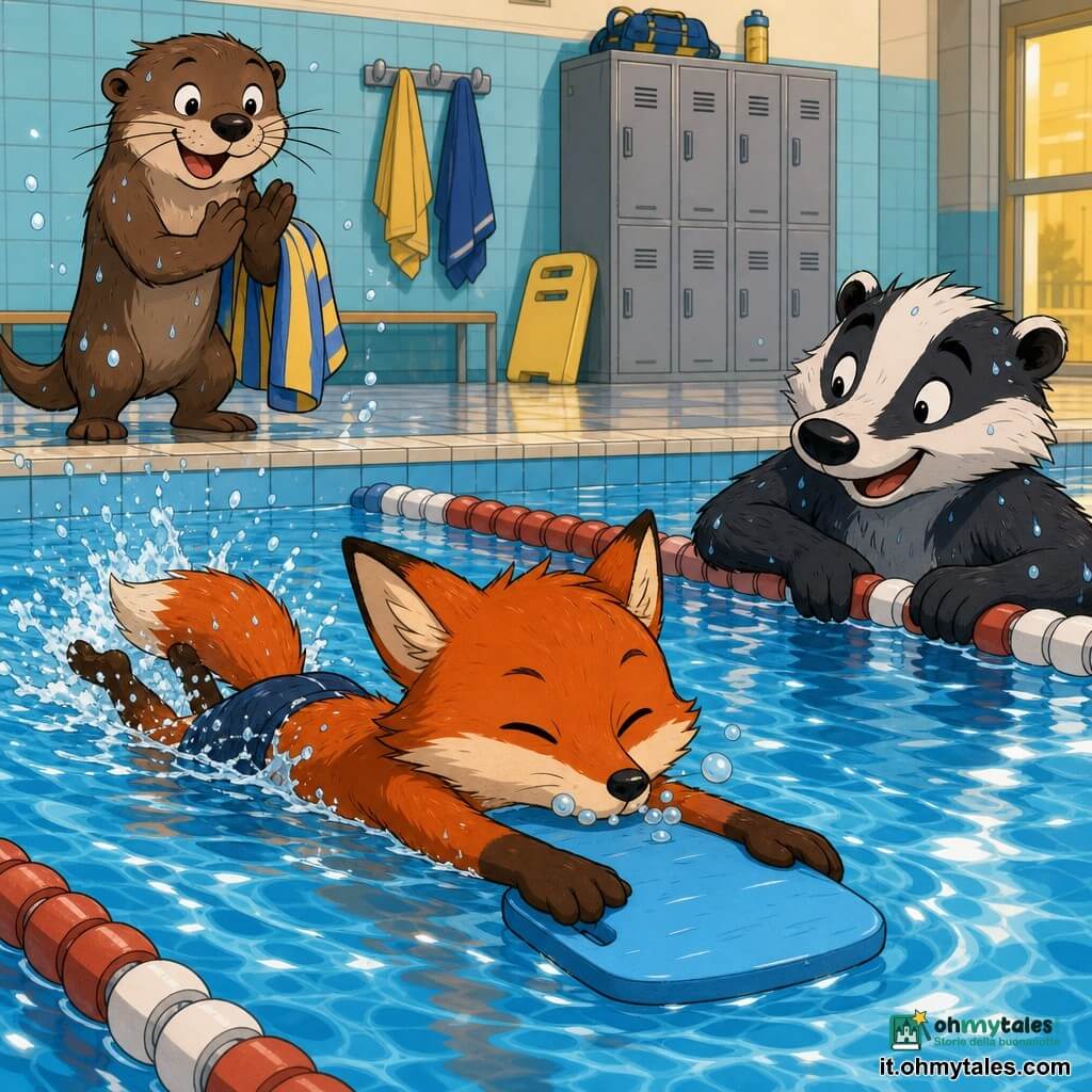 Rino, un piccolo volpacchiotto rosso, è al centro concentrato e sereno, occhi socchiusi e muso vicino all’acqua, tiene una tavoletta da nuoto azzurra e fa battiti di gambe regolari con piccole bolle che escono dal muso; Bruno, il tasso, è a destra con espressione scherzosa ma incoraggiante, pelo bagnato e una zampa sulla corda della corsia mentre sorride a Rino; Lina, la lontra, sullo sfondo vicino al bordo è energica e gioiosa, applaude con le manine bagnate e tiene un asciugamano a righe; piscina comunale luminosa con piastrelle azzurro chiaro, corsie separate da corde rosse e bianche, riflessi sull’acqua, pannelli gialli e armadietti metallici; scena: allenamento del mercoledì sera con tabellone degli allenamenti sul muro, atmosfera di squadra e impegno calmo; stile grafico netto, colori vivaci, linee morbide ed espressioni chiare adatte ai bambini.