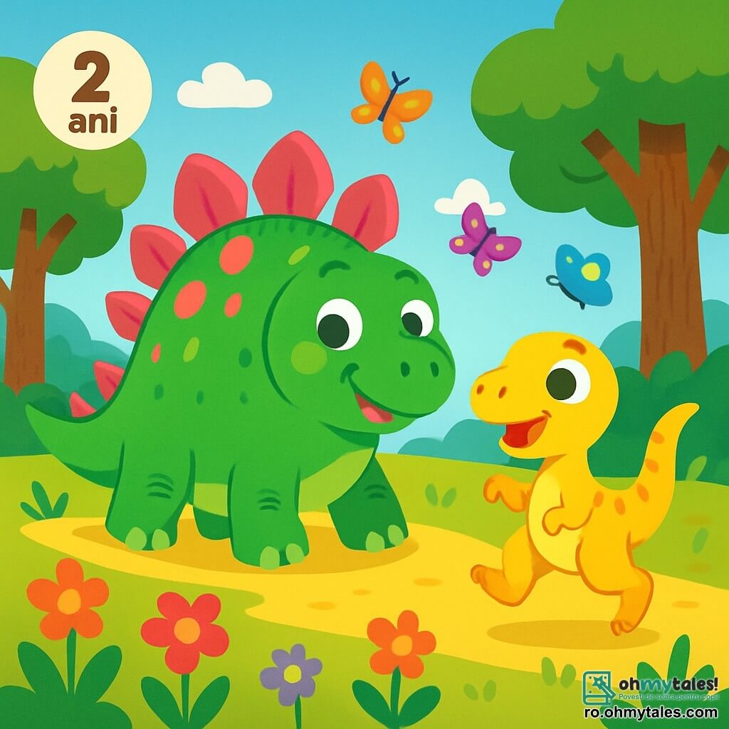 Un stegosaur cu solzi verzi strălucitori și plăci roz pe spate, cu o privire curioasă și un zâmbet vesel, se află în mijlocul unei văi vaste. Lângă el, un mic velociraptor galben strălucitor, cu ochi sclipitori și o coadă agitată, sare de bucurie, pregătit să exploreze. În fundal, copaci mari cu trunchiuri groase și flori multicolore dansează în bătaia vântului, în timp ce un cer albastru strălucitor se întinde deasupra. Scena arată stegosaurul și velociraptorul pregătindu-se să plece în aventură, înconjurați de frumusețea naturii, cu fluturi colorați zburând în jurul lor.