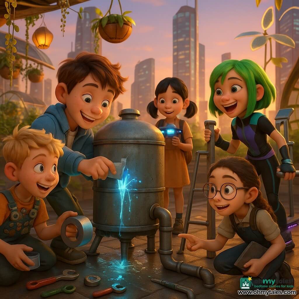 Noah, a smiling focused 12-year-old boy with a round freckled face and tousled brown hair, wears a light blue jacket and cargo pants and is applying silver eco tape to a leak on a rooftop water tank; Tessa, an enthusiastic 12-year-old girl with bright green mid-length hair in a futuristic sporty outfit and a hoverboard beside her, holds a small ladder and encourages him from the right; Mei, a shy delighted ~10-year-old girl with black pigtails in a simple dress and backpack, stands slightly back holding a blinking blue mini-drone; Ben, a curious ~12-year-old boy with short blond hair and a tool vest full of recycled parts, leans in from the left with a roll of eco tape; Lila, a clever ~13-year-old girl with braided hair, round glasses and a sketchbook, crouches and points to a small crack in the pipe. The setting is a futuristic rooftop garden with hanging beds, translucent solar flowers, golden mechanical hives and curved solar panels, glass skyscrapers and illuminated walkways at dusk; the group joyfully repairs a leak on a round metal tank with bright splashes, colorful tools around them, warm collaborative atmosphere and soft golden light with neon reflections.