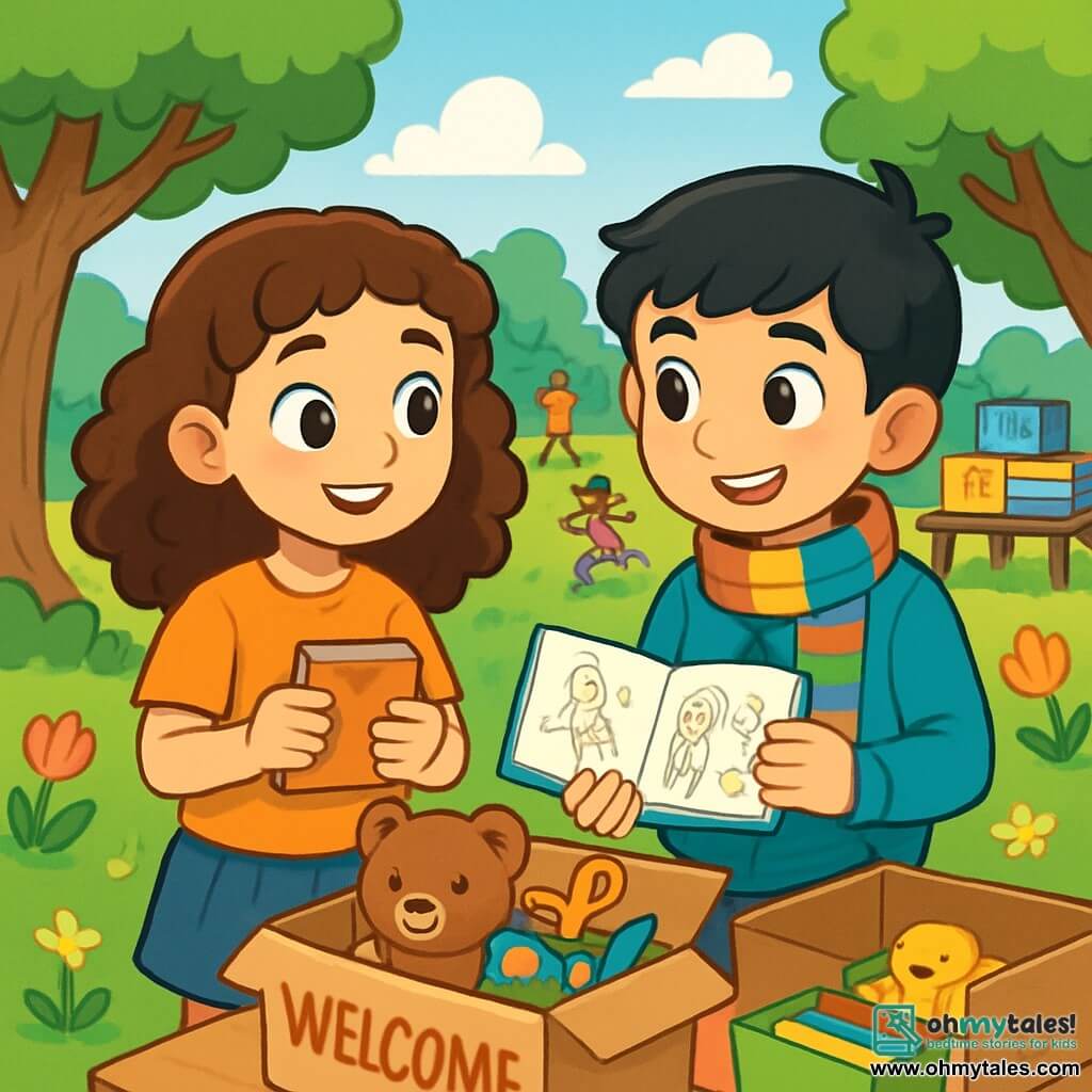 A 10-year-old girl, Lina, with curly brown hair and sparkling curious eyes, stands in a sunny park with a warm smile on her face, holding a small notebook in her hands. Next to her is a 10-year-old boy, Sami, with black hair and a colorful scarf around his neck, looking at Lina with a friendly expression, holding a book filled with drawings. The park is lush with vibrant trees, colorful flowers, and a clear blue sky dotted with fluffy white clouds. In the background, a group of children plays joyfully, while a table is set up with brightly decorated boxes ready to be filled with supplies to help families in need. The main scene shows Lina and Sami preparing welcome boxes, filling each box with toys and supplies, symbolizing their budding solidarity and friendship, filled with laughter and enthusiastic gestures.