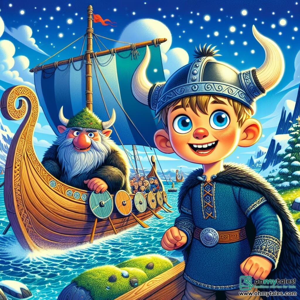 A young Viking boy named Leif, around 10 years old, stands on the deck of a beautiful longship, his face lit up with a wondrous smile and sparkling eyes of curiosity. He wears a navy wool tunic adorned with Nordic patterns and a shiny metal helmet with glimmering horns. Beside him is a troll named Trundle, about 200 years old, with rough gray skin and a branch-like nose. He wears a foam hat and looks at Leif with a friendly and encouraging expression. The setting features a bright blue sky dotted with fluffy white clouds, while the longship glides majestically over snowy mountains and lush forests, creating a striking contrast. The sea below sparkles like thousands of diamonds, reflecting the sunlight. The main scene shows Leif and Trundle sailing together on their magical longship, ready to explore new horizons, filled with excitement and adventure.