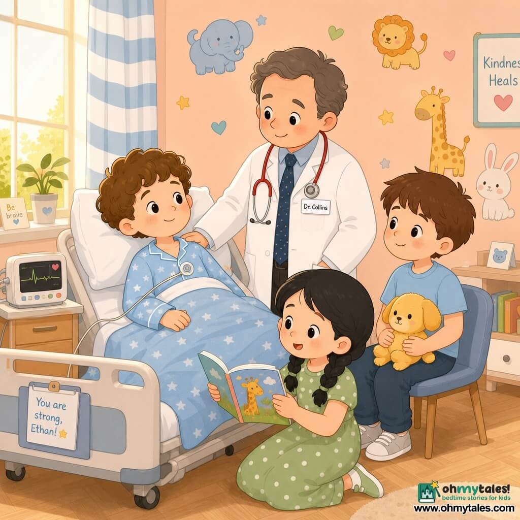There are four people: Ethan, an 8-year-old boy with curly brown hair in light blue star pajamas lying in a hospital bed on the left, connected to a small monitor on his chest and smiling gently; Dr. Collins, a man in his forties with a round, kind face in a white coat and red stethoscope, standing by the head of the bed with a reassuring hand on Ethan’s shoulder; Jake, a 10-year-old boy with short chestnut hair in a sky-blue T-shirt, seated to the right holding a small yellow stuffed toy and looking at Ethan admiringly; and Mia, a 9-year-old girl with black hair in two braids in a green polka-dot dress, crouched at the foot of the bed holding an open colorful book as if reading to him. The setting is a bright, gentle pediatric room with peach pastel walls, cute animal stickers, a large window on the left with golden light, a small table with colored pencils and a potted plant, light wood flooring and blue-and-white striped curtains. The scene is warm and calm: Ethan shows his gently vibrating monitor, Dr. Collins reassures him while Jake and Mia encourage him, the group forms a close, supportive circle around the bed.