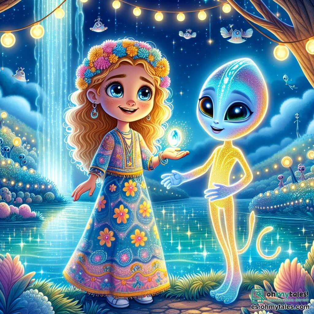 Una niña de 10 años, Valeria, con cabello rizado y dorado, sonríe con asombro, sus ojos brillando de curiosidad. Lleva un vestido colorido adornado con motivos de flores y sostiene un pequeño cristal luminoso en su mano. A su lado está Zila, una extraterrestre alta y esbelta, con piel azul brillante y ojos centelleantes como estrellas, que le sonríe cálidamente. Su entorno es un paisaje fantástico, similar a un puerto mágico, con aguas turquesas brillantes bajo un cielo salpicado de nubes con forma de criaturas. Luces flotantes iluminan el lugar, creando una atmósfera mágica. La escena muestra a Valeria y Zila frente a una puerta de cristal misteriosa, iluminada por el cristal que Valeria sostiene, lista para abrirla y descubrir el mundo de risas y alegría que les espera detrás.