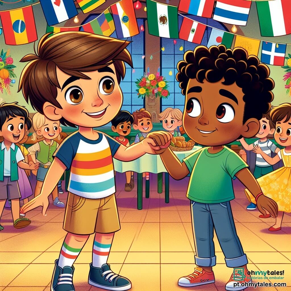 Um menino de 10 anos, Miguel, com cabelos castanhos e olhos brilhantes, está no centro da imagem, exibindo um grande sorriso e uma expressão de determinação. Ele usa uma camiseta colorida e um short, estendendo a mão para outro menino, Lucas, para incluí-lo em seu grupo. Lucas, também de 10 anos, com pele escura e cabelos crespos, está ao lado de Miguel, um pouco tímido, mas sorrindo, enquanto observa as outras crianças dançarem. Ele veste uma camiseta verde e uma calça jeans. Ao fundo, vê-se uma sala comunitária decorada com bandeiras coloridas de diferentes países, com mesas cheias de pratos tradicionais do mundo todo, criando uma atmosfera festiva e acolhedora. A cena principal mostra Miguel e Lucas, de mãos dadas, prestes a se juntar a um grupo de crianças que dançam alegremente juntas, simbolizando amizade e inclusão, apesar de suas diferenças culturais.