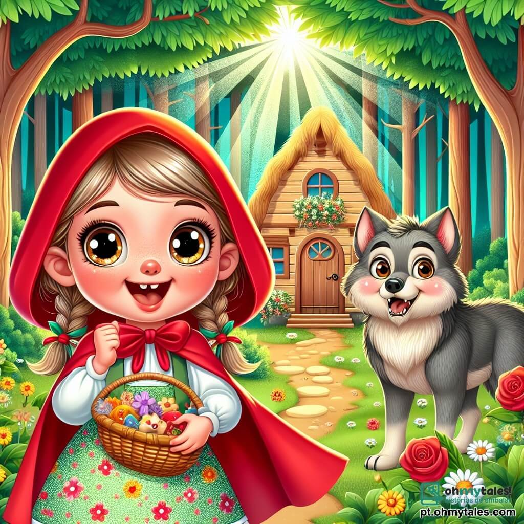 O Pequeno Red Riding Hood, uma menina alegre de cerca de 8 anos, usa um capuz vermelho brilhante e um vestido florido. Ela tem grandes olhos cintilantes e um sorriso radiante, segurando uma cesta cheia de doces. Ela está no meio de uma floresta encantada, cercada por árvores de troncos grossos e folhas verdes vibrantes, enquanto raios de sol penetram entre a folhagem. Ao seu lado, um lobo amigável, grande e peludo, com pelagem cinza e olhos suaves, está perto dela. Ele sorri calorosamente, mostrando que é um amigo e não um predador. Ao fundo, uma avó de cerca de 70 anos, com cabelos prateados e óculos redondos, está na porta de uma pequena casa de madeira, acolhedora e decorada com flores coloridas. A cena acontece em uma clareira iluminada, cheia de flores silvestres e borboletas voando. O Pequeno Red Riding Hood e o lobo estão compartilhando um piquenique alegre, cercados pela magia da natureza, simbolizando a amizade e a proteção do meio ambiente.