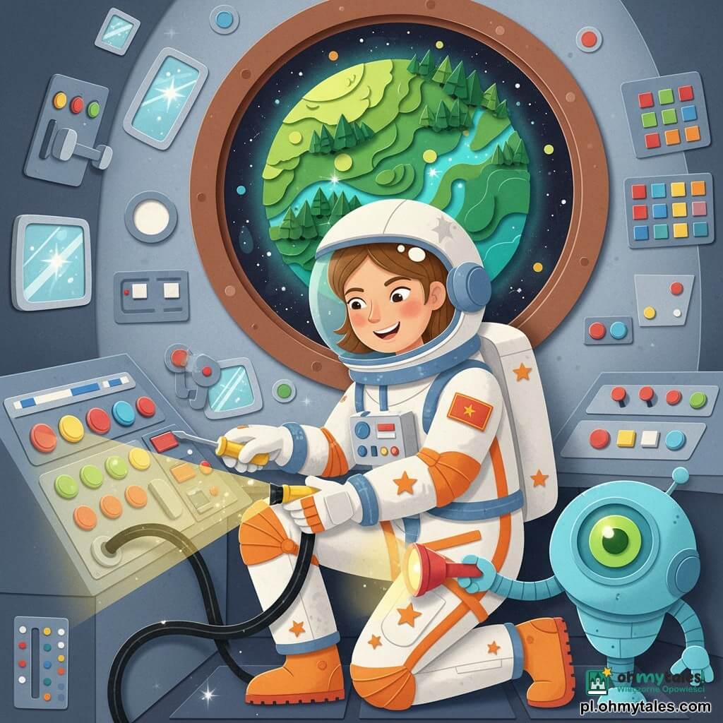 Ania, około 30-letnia astronautka, uśmiechnięta i zdeterminowana, kuca w biało-pomarańczowym skafandrze z namalowanymi gwiazdami i naprawia błyszczący czarny kabel śrubokrętem w żółtym uchwycie; obok stoi mały, przyjazny, okrągły robot błękitny z zielonym świecącym okiem, trzymający czerwoną latarkę. Kokpit pełen jest kolorowych, okrągłych przycisków, migoczących ekranów i srebrnych dźwigni, z dużym oknem ukazującym bliską, zieloną planetę z papierowymi lasami i turkusowymi rzekami; scena przedstawia Anię naprawiającą zablokowany kabel przy pulpicie przy świetle robota, w nastroju łagodnego zwycięstwa, jaskrawe kolory, proste kształty i widoczne faktury papieru.
