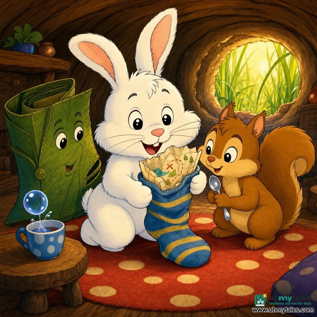 A small fluffy white rabbit with round shiny eyes and a slightly brave, joyful expression holds a striped sock with a crumpled paper map; a small light-brown squirrel with a curious smile stands beside it holding a tiny shiny spoon and looking at the map; an anthropomorphic green leaf wallet with painted gentle eyes is ajar behind them as if whispering; the setting is a cozy wooden burrow with a low ceiling, red polka-dot rug and warm golden light through a grassy tunnel; simple joyful scene: the rabbit finds a "treasure map" in the sock and begins a small adventure, bright colors, soft outlines and plush textures, centered composition, comforting mood.
