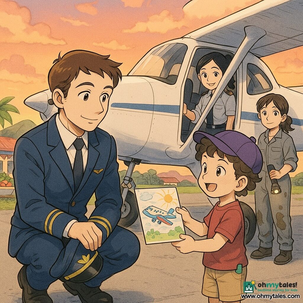 A male pilot in his 30s with short brown hair, a gentle smile and a neatly pressed blue uniform jacket holding his hat, kneels on the tarmac to receive a colorful drawing; a female co-pilot around 28 with black hair in a ponytail stands in the plane doorway smiling; a confident six-year-old boy with curly hair, a purple hat and chalk in his pocket holds the drawing out; a female mechanic about 35 in oil-stained gray coveralls with a flashlight and small tool watches near the wheel; in the background a small island airport at sunset with a gray runway, green grass, red-roofed houses, festive garlands and bowls of fruit on a table, and an orange sky with pink clouds, the scene conveying a successful landing, warm exchange and golden light on a white, wide-winged plane.