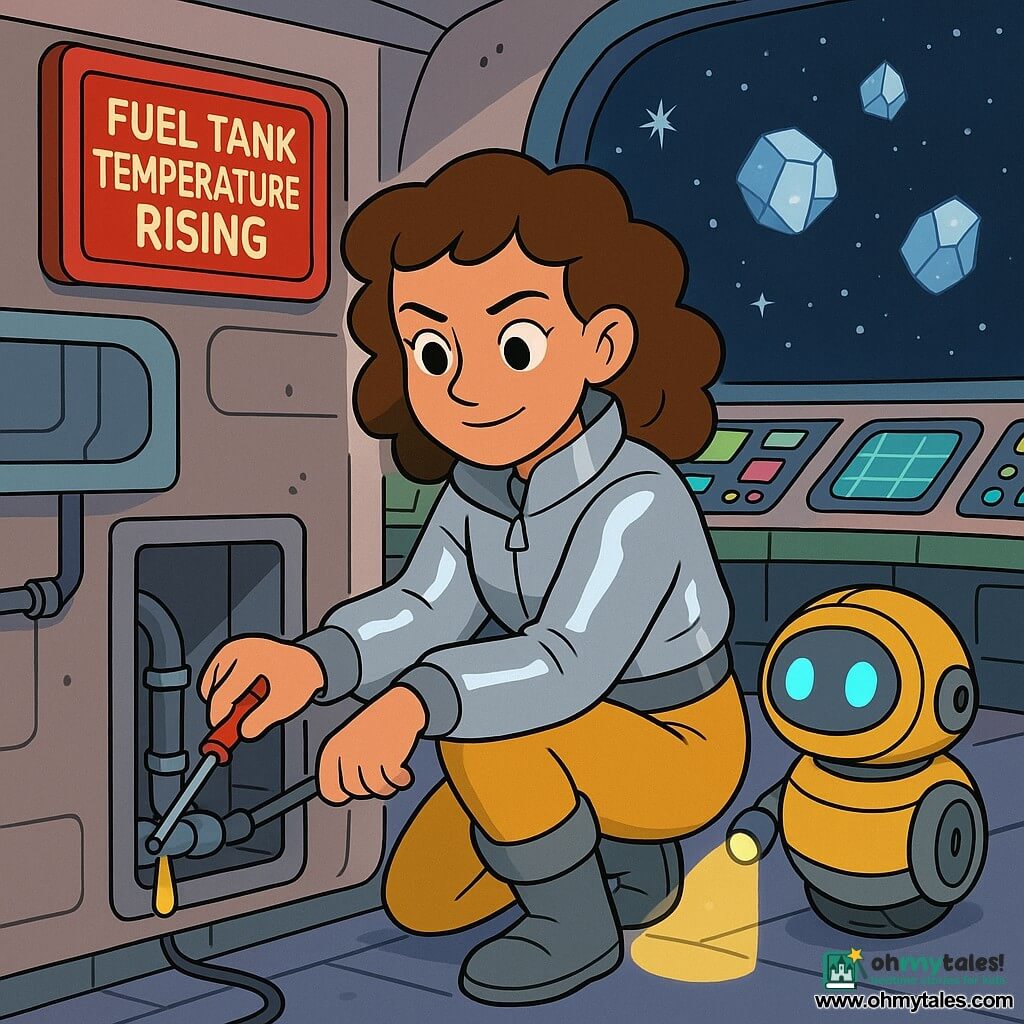 The main character is Captain Mila, a smiling but focused woman with a calm determined expression, curly brown hair, a shiny silver jacket and soft boots, crouching before a small open panel and touching a pipe with a screwdriver; a secondary character is a small round friendly maintenance robot, yellow and gray with two blue LED eyes, rolling beside Mila and projecting a small lamp on the fault; the setting is the Swift Feather’s bridge with rounded consoles, colorful screens, pink, green and blue lit buttons, a large oval porthole showing space, polished metal surfaces and tidy cables; the main situation: a red alarm flashes “Fuel Tank Temperature Rising” as Mila repairs a tiny leak while outside the porthole glittering ice chunks and a dark blue starfield form the backdrop.
