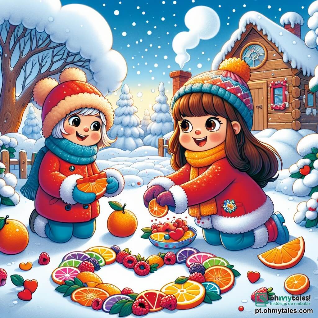 Uma menina de 6 anos, Clara, com longos cabelos castanhos e bochechas rosadas, sorri alegremente enquanto cria um grande coração colorido na neve. Ela usa um casaco vermelho vivo, botas azuis e um gorro com pompom, e está agachada, com as mãos cheias de frutas coloridas. Ao seu lado, seu amigo Lucas, um garoto de 6 anos com cabelos loiros e óculos redondos, a ajuda a dispor fatias de laranja e framboesas na neve, rindo com entusiasmo. Outra amiga, Emma, uma menina de 6 anos com cabelos cacheados e pele clara, segura uma paleta de pintura e adiciona toques de cor à neve, com um grande sorriso no rosto. O cenário é um jardim invernal, com árvores cobertas de neve cintilante, um céu azul claro e flocos de neve caindo suavemente. Ao fundo, vê-se uma pequena casa de madeira com fumaça saindo da chaminé, acrescentando um toque acolhedor à cena. A situação principal mostra Clara e seus amigos criando uma magnífica obra de arte na neve, cheia de cores vibrantes e risadas, simbolizando a alegria e a amizade no inverno.