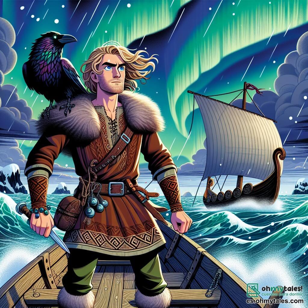 Eirik, un joven vikingo de unos 20 años, se mantiene orgulloso y decidido en su drakkar, con su cabello rubio ondeando al viento y su mirada llena de entusiasmo. Lleva una túnica de piel marrón, adornada con motivos nórdicos, y una pulsera de cuero en su muñeca. A su lado, un cuervo negro de ojos esmeralda está posado en su hombro, observando atentamente el horizonte. Al fondo, el mar del norte está agitado, con olas blancas salpicando el borde del barco, mientras nubes oscuras se acumulan en el cielo, creando una atmósfera de misterio. La ilustración también muestra auroras boreales en el cielo, iluminando la escena con colores vibrantes de verde y violeta. Eirik navega valientemente hacia una isla misteriosa, listo para enfrentar los desafíos que le esperan para recuperar el amuleto de Freya, con una expresión de determinación en su rostro.