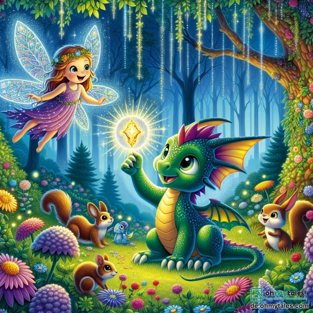 Ein kleiner Drache mit schimmernden, bunten Schuppen, neugierigen Augen und einem breiten Lächeln steht im Mittelpunkt der Szene und hält ein leuchtendes magisches Amulett. Zu seiner Rechten lacht eine zarte Fee mit durchsichtigen, schillernden Flügeln, die ein Kleid aus Blütenblättern trägt, während sie den Drachen ansieht. Zu seiner Linken nähert sich eine Gruppe kleiner Waldbewohner, wie Eichhörnchen und Kaninchen, mit staunenden Gesichtsausdrücken, ihre runden, neugierigen Augen auf den Drachen und das Amulett gerichtet. Die Szenerie spielt in einem wunderschönen verzauberten Wald, wo hohe, majestätische Bäume mit funkelnden Blättern und überall blühende, bunte Blumen eine magische und fröhliche Atmosphäre schaffen. Die Hauptsituation zeigt den Drachen, der das magische Amulett entdeckt, umgeben von seinen Freunden, während ein strahlendes Licht von dem Objekt ausgeht und unerwartete Abenteuer und Lachen verspricht.