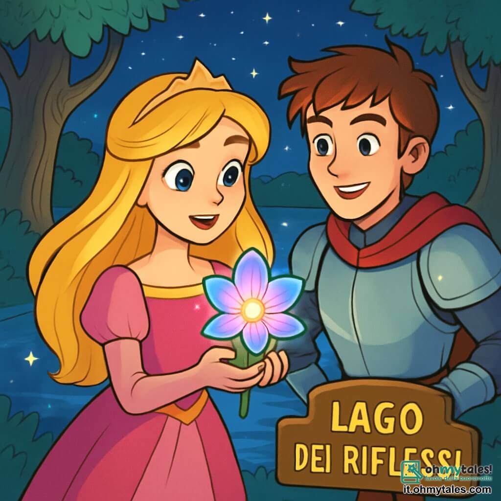 La principessa Aurora, una giovane di circa 16 anni, si trova al bordo del scintillante Lago dei Riflessi. I suoi lunghi capelli dorati fluttuano dolcemente nel vento, e i suoi occhi brillano di una determinazione éclatante. Guarda con speranza l'acqua luccicante, tenendo tra le mani il magnifico Fiore del Sogno, un fiore dai petali iridescenti che scintillano alla luce della luna. Accanto a lei c'è Leo, un giovane cavaliere di 18 anni, con i capelli castani in disordine e un'armatura scintillante. Sorride incoraggiante, pronto a sostenere la principessa nella sua missione. Il luogo è incantevole: il Lago dei Riflessi è circondato da alti alberi dai tronchi nodosi, le cui foglie brillano come smeraldi. La superficie dell'acqua è calma, riflettendo le stelle scintillanti del cielo notturno, creando un'atmosfera magica. Aurora, piena di speranza e coraggio, è pronta a spezzare la maledizione che pesa su di lei. L'aria è carica di tensione ed eccitazione, mentre si prepara a esprimere un desiderio al lago, con Leo al suo fianco, pronto a incoraggiarla in questa avventura.
