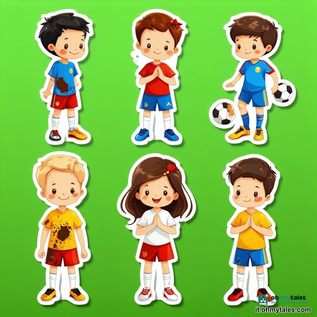 Ci sono 5 personaggi: Tom, bambino di 4 anni con capelli castano corti che mostra timidamente la manica sinistra sporca di fango; Lia, bambina di 4 anni con capelli lunghi neri e fermaglio rosso, a sinistra di Tom con le mani giunte e sguardo comprensivo; Marco, bambino di 4 anni con capelli biondi e taglio a spazzola, a destra di Tom con un sorriso e la mano sulla sua spalla; Sara, bambina rossa di 4 anni con lentiggini e codini, dietro Tom inclinata in avanti, attenta e benevola; la maestra Anna, donna sui trent'anni con capelli castani raccolti, seduta su una piccola sedia dietro il tavolo con sorriso dolce e palme aperte in segno di accoglienza. Ambientazione: piccola aula colorata e luminosa con pavimento in legno chiaro, tavolo rotondo basso in legno, sedie tonde e piccole, adesivi di animali sui muri, un cesto di biscotti sul tavolo e una grande finestra che lascia entrare il sole dorato. Situazione: Tom confessa la verità mostrando la macchia sulla manica, i bambini lo ascoltano attentamente e la maestra sorride rassicurante; atmosfera dolce, colori pastello, forme semplici e contorni arrotondati, stile gommette/adesivi in EVA.