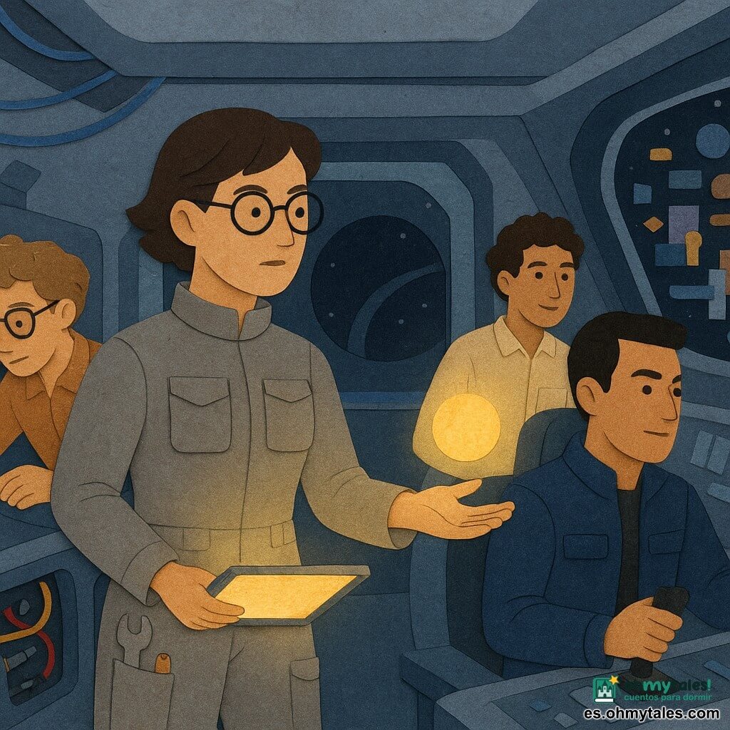 Una mujer ingeniera adulta de rostro concentrado y curioso, pelo corto castaño y gafas redondas, con mono espacial gris con bolsillos y herramientas visibles, sostiene una tableta luminosa y extiende la mano hacia una pequeña esfera flotante de luz; a su derecha, un piloto de unos 28 años de rasgos decididos, pelo negro al rape y chaqueta azul oscuro, está sentado en la cabina con las manos en un joystick mirando al exterior; detrás, un biólogo de unos 26 años, pelo rizado y sonrisa tímida, con camisa beige, flota observando una pantalla que proyecta imágenes coloridas de la "biblioteca"; a la izquierda, un técnico de unos 30 años con gafas y pelo castaño está inclinado sobre un panel abierto con cables y herramientas alrededor; el lugar es la cubierta de una pequeña lanzadera espacial moderna con superficies metálicas mates recortadas como papel, pantallas de papel transparente y filamentos luminosos azules como guirnaldas entre las consolas; al fondo, un corredor muestra un gigantesco anillo oscuro y una vasta "biblioteca" de objetos flotantes —placas, cilindros y esferas— estilizados como collage de papel; la escena muestra a la ingeniera saludando y explorando la esfera de luz mientras la tripulación observa con atención, en una atmósfera de descubrimiento, asombro y prudencia; colores en tonos azules, violetas y grises con acentos anaranjados cálidos para las luces, texturas de papel visibles, bordes recortados nítidos y sombras simples y contrastadas.