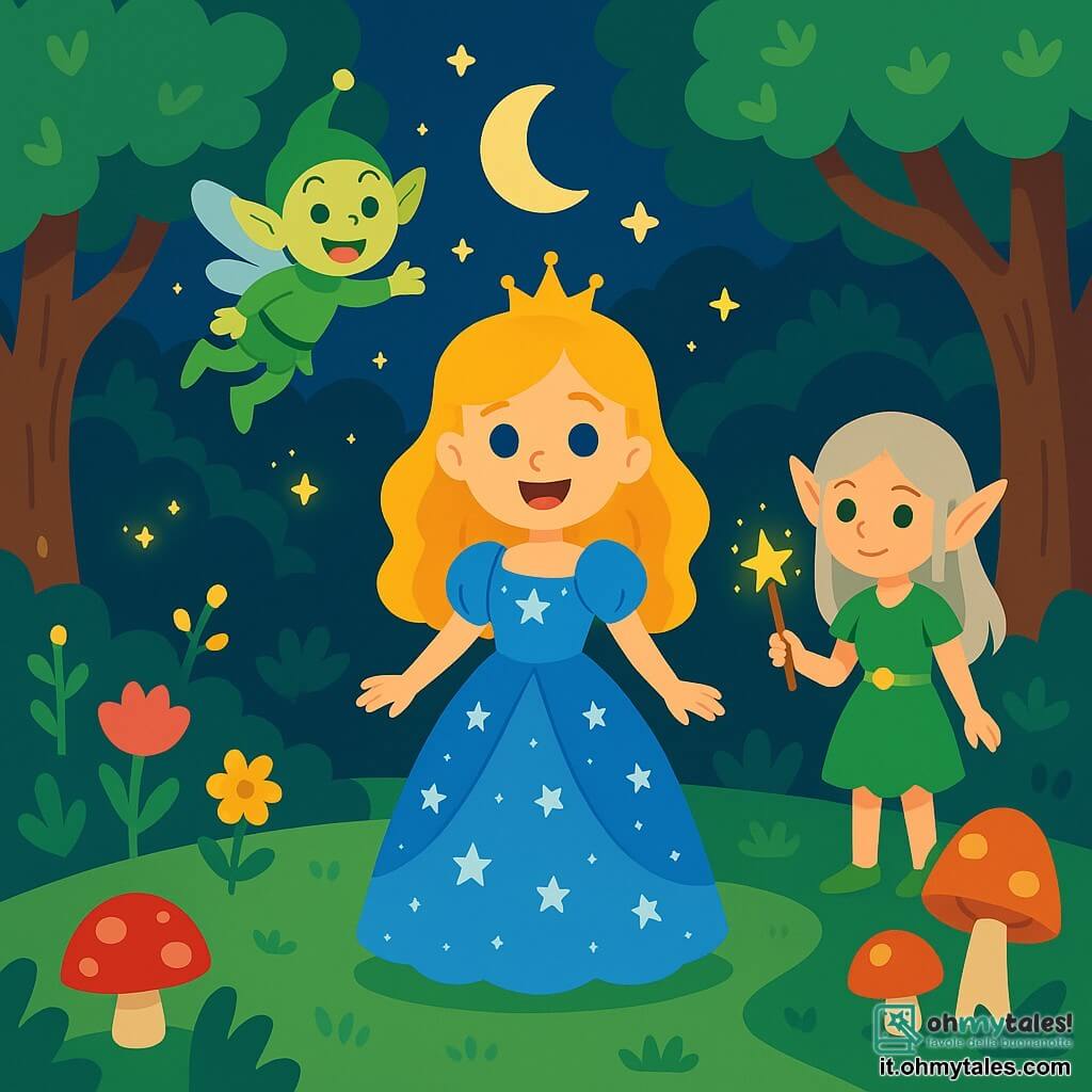 Una principessa di nome Sofia, di circa 18 anni, si trova al centro di una radura incantata, con i capelli dorati scintillanti e un sorriso radioso di eccitazione. Indossa un abito di seta blu decorato con stelle argentate che brillano sotto la luce della luna. Accanto a lei, un piccolo folletto verde di nome Pippo, di 10 anni, vola gioiosamente intorno a lei, con ali traslucide e un grande sorriso malizioso. Un'elfa gentile, Elisa, di 15 anni, si trova un po' in disparte, con capelli argentati e orecchie a punta, tenendo una bacchetta magica scintillante. Il luogo è una foresta incantata, con alberi maestosi dai tronchi spessi e foglie luminose, illuminate da lucciole danzanti. Fiori colorati e funghi dalle forme strane punteggiano il terreno, creando un'atmosfera magica e fiabesca. La scena principale mostra Sofia, piena di speranza e coraggio, pronta a incontrare il suo principe al chiaro di luna, mentre i suoi amici la circondano, pronti ad aiutarla a superare i pericoli della foresta incantata.