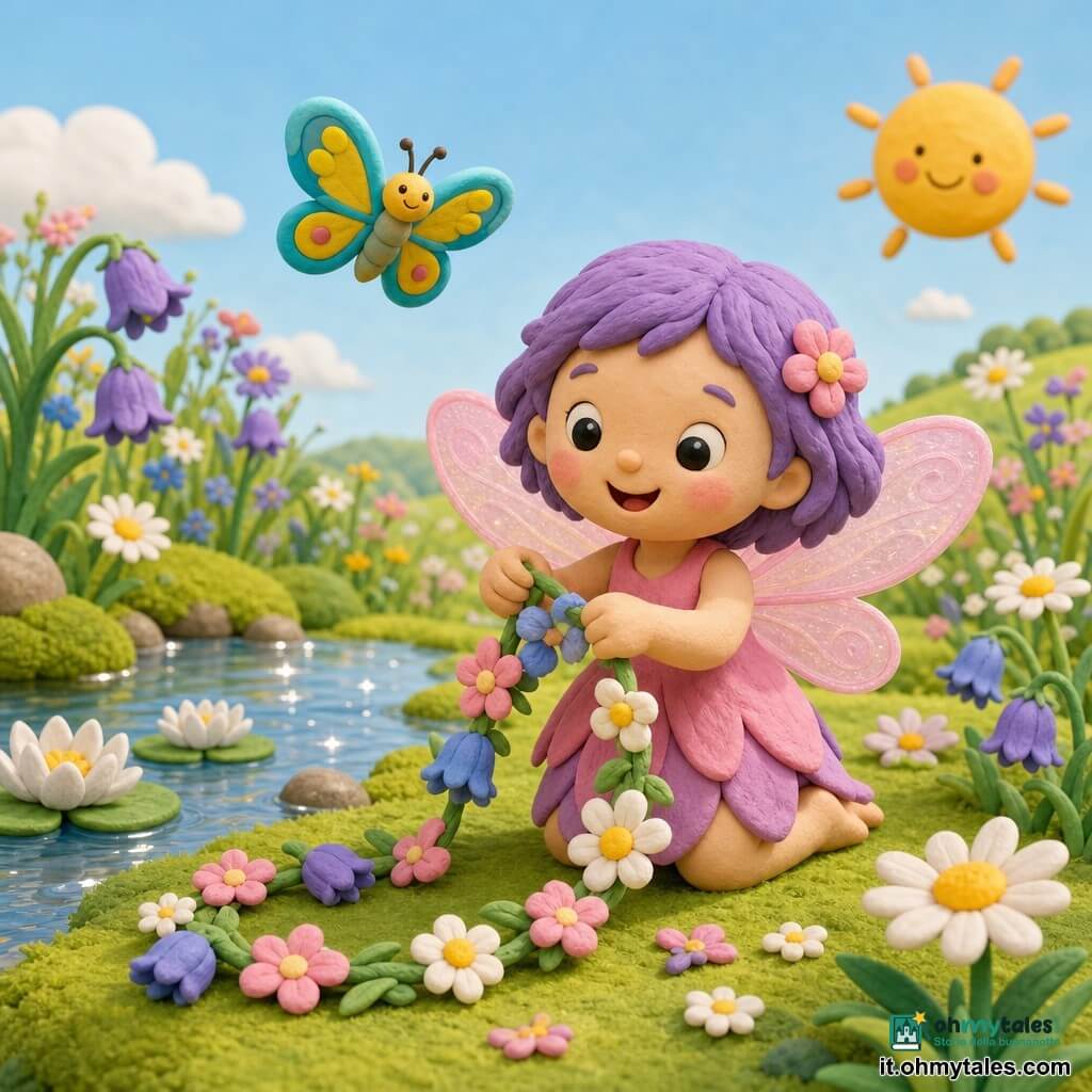 Piccola fata Lilla, volto rotondo e sorriso ampio, ali traslucide rosa, capelli corti viola, gioiosa, intreccia una ghirlanda di fiori sulle ginocchia; una farfalla colorata, ali turchese e gialle, piccola e leggera, vola appena sopra di lei battendo dolcemente le ali; un laghetto limpido con acqua brillante e riflessi argentati, rive di muschio verde e ninfee bianche alla sua sinistra; prateria fiorita coperta di margherite e campanule, erba ondeggiante e cielo estivo azzurro con un sole rotondo e sorridente; scena: giornata estiva calma in cui la fata danza, si bagna e crea la ghirlanda, atmosfera dolce, colori pastello, forme morbide ed espressioni tenere e amichevoli.