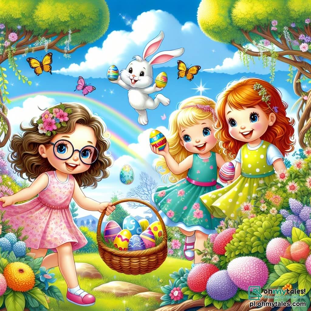 W magicznym ogrodzie cztery sześcioletnie dziewczynki, Zosia, Maja, Ala i Hania, poszukują jajek wielkanocnych. Zosia, z brązowymi włosami i okularami, ma różową sukienkę i trzyma koszyk. Maja, z blond kręconymi włosami, jest w niebieskiej sukience i wskazuje na jajko schowane za drzewem. Ala, z rudymi warkoczami, nosi zieloną sukienkę i uśmiecha się, odkrywając czekoladowe jajko pod krzakiem. Hania, z kasztanowymi włosami związanymi w kucyk, skacze z radości w żółtej sukience. Ogród jest pełen kolorowych kwiatów, dużych drzew z sękatymi pniami i motyli latających wokół. Niebo jest jasnoniebieskie, z puszystymi białymi chmurami, a wielka tęcza oświetla scenę. Dziewczynki są otoczone małymi różowymi królikami, z których jeden, Wielkanocny Królik, radośnie prowadzi je w poszukiwaniu ukrytych jajek, tworząc świąteczną i magiczną atmosferę.
