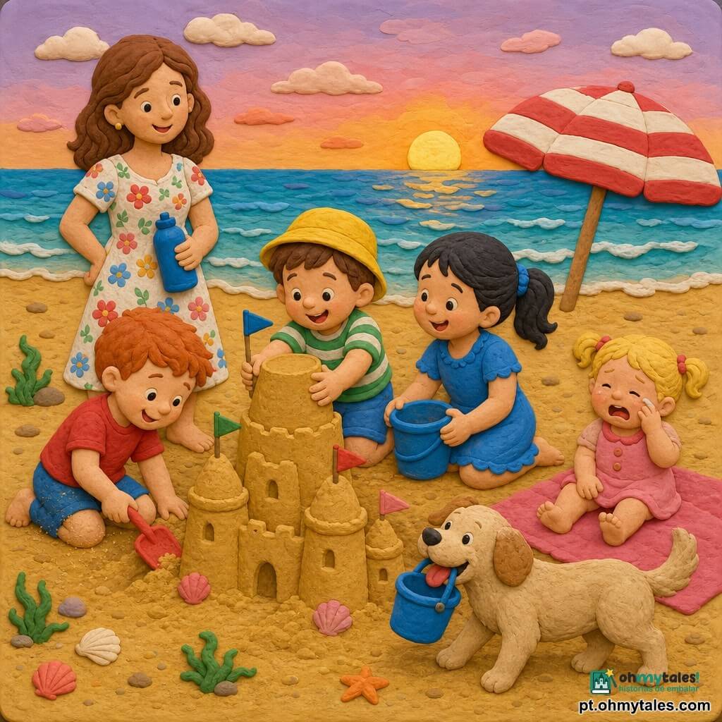 Um grupo na praia ao crepúsculo: um menino de 4 anos de cabelo castanho curto e chapéu amarelo aperta um balde de areia úmida para formar uma torre de castelo; Sofia, ~5 anos, com cabelo preto em duas marias e vestido azul, ajoelhada à direita com um pequeno balde azul; Tom, ~5 anos, ruivo de camiseta vermelha, cava com uma pá vermelha à esquerda; uma mãe de ~30 anos, cabelos castanhos e vestido floral, observa sorrindo com uma garrafa de água; uma menina de ~3 anos loira chora levemente perto de uma toalha rosa até que um cão médio bege traz seu balde na boca; praia larga de areia dourada com pequenas conchas, ondas translúcidas e um guarda-sol listrado vermelho e branco ao fundo; todos constroem juntos um grande castelo de areia com várias torres e bandeirinhas, rindo e ajudando-se mutuamente.