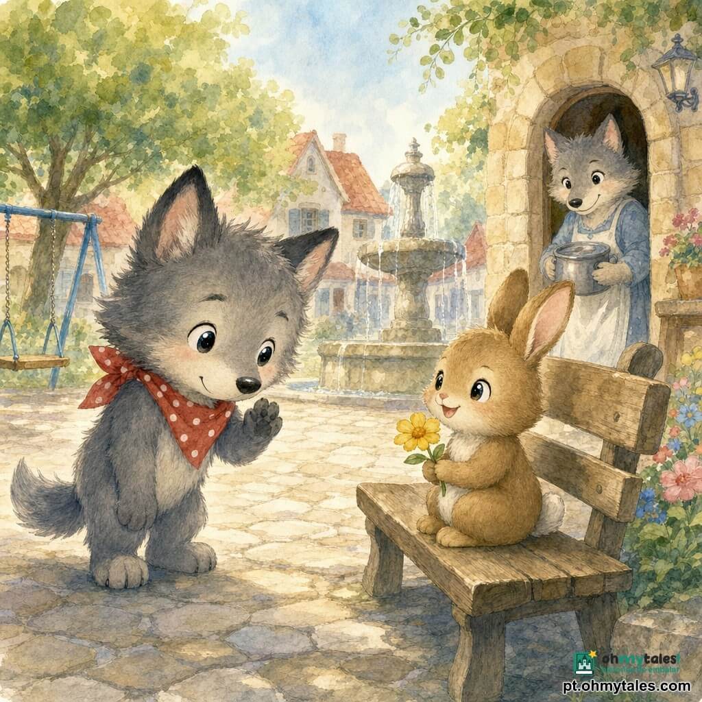 O personagem principal é um pequeno lobo cinzento de pelo fofo e olhos brilhantes, expressão tímida e curiosa, inclinando-se para saudar, usando uma pequena echarpe vermelha às bolinhas e com uma pata levantada; ao lado, um coelhinho castanho de pelagem macia, sorriso acolhedor, sentado num banco de madeira a oferecer-lhe uma flor amarela; em segundo plano, uma mamãe-loba sorridente na porta de uma casa de pedra com uma panela nas mãos; cenário: uma praça de aldeia pavimentada com fonte redonda, árvores de folhas verde-claras, baloiços azuis e casas de telhados vermelhos, encontro doce e tímido ao sol da manhã em tons pastel com texturas de aquarela.