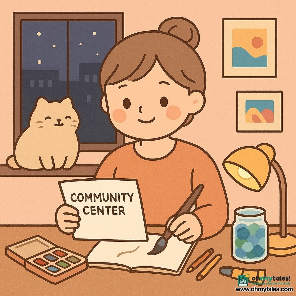 About a 30-year-old female artist with light brown hair in a loose bun, round smiling face and gentle bright eyes, serene and determined, seated at her desk holding a letter addressed to the community center in one hand and a wet brush over an open sketchbook in the other; a beige "loaf" cat on the windowsill, rounded like a loaf with narrowed eyes, purring and watching her; a glass jar of small blue and green sea glass and an open paint box with worn pencils and a tube of gold paint sit on the table; the apartment is nocturnal but warm with a yellow-orange desk lamp, a few colorful paintings on the walls, and a window showing building silhouettes against a dark sky; the scene captures a quiet, decisive moment—peaceful smile, almost-closed eyes, calm atmosphere full of possibilities—graphic style: rounded lines, saturated pastels, very soft shadows, simple clear composition, highly readable expressions.