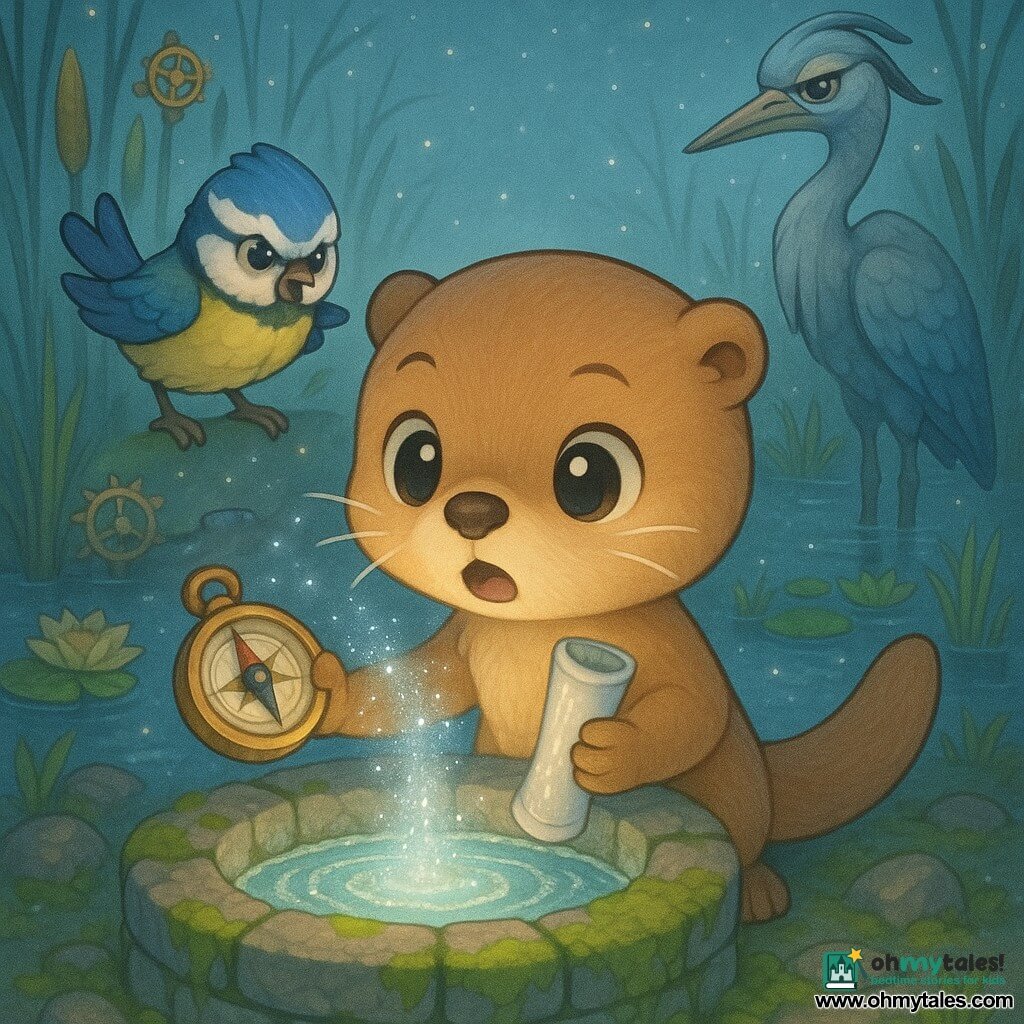A young anthropomorphic otter (main character) with round bright eyes, smooth golden-brown fur, fine whiskers and a determined, awed expression crouches at the edge of an old moss-covered stone well, holding a small shiny brass compass in one paw and a waving silver scroll in the other; a blue magpie (secondary) with deep-blue feathers and a cream belly, mischievous but slightly worried, perches on the well's ring to the otter's left with wings half-open as if ready to help; a tall living stone heron (secondary), slender with iridescent gray feathers and a wise, stern gaze, stands in the marsh water in the background watching from the shore; the setting is an ancient well in a clockwork marsh where reeds have gears and lily pads turn, wet stones with green moss, twilight bluish light flecked with silver sparkles; main action: the otter speaks the riddle's answer above the shimmering well as the silver scroll glows and reveals a rising mirrorlike water—an atmosphere of wonder and gentle tension, vivid pastel colors, soft textures, rounded shapes, centered composition, adventurous and tender mood.